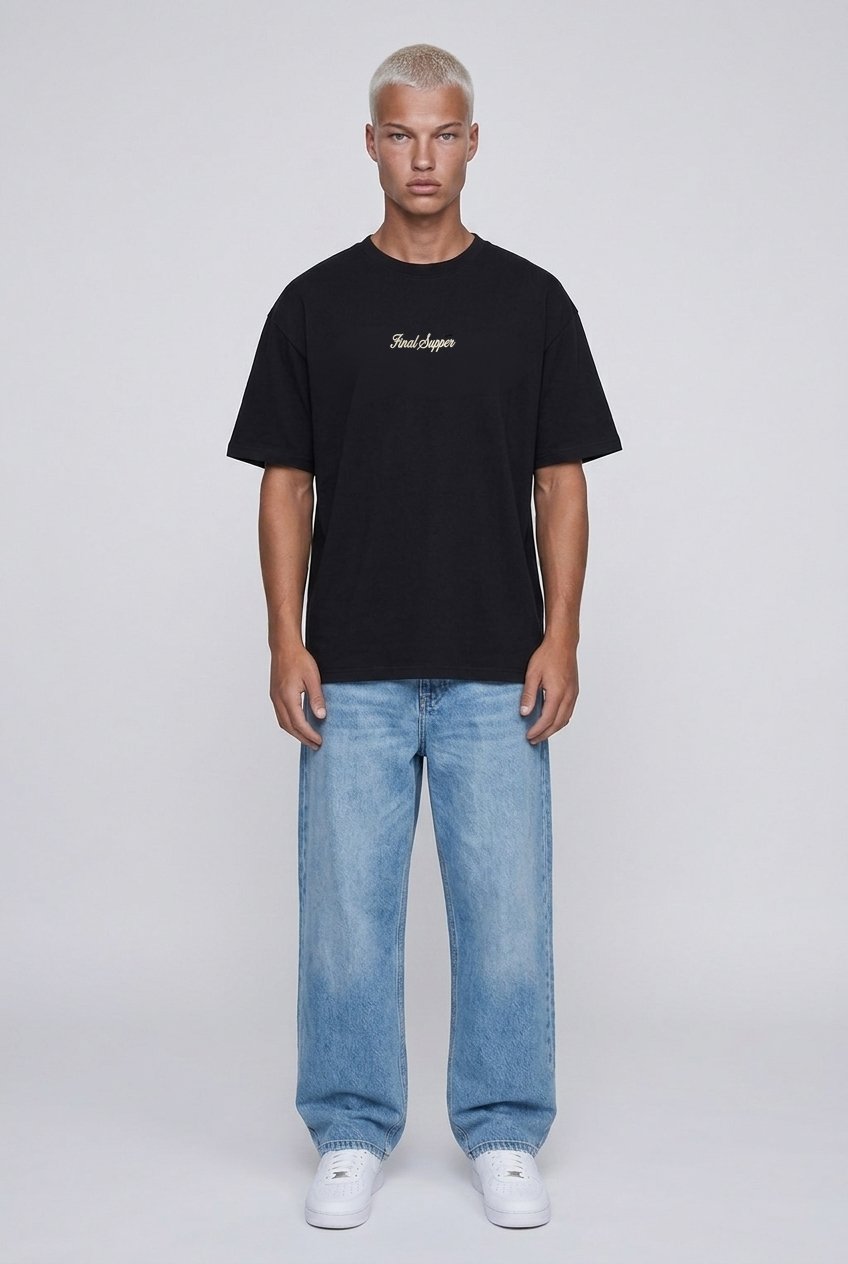 Erkek Final Supper Nakışlı Oversize T-Shirt Siyah
