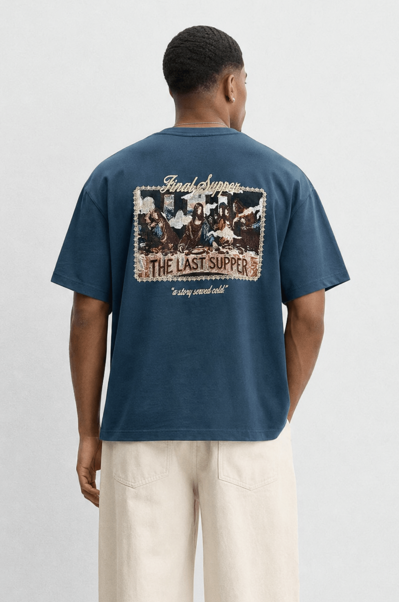 Erkek Final Supper Nakışlı Oversize T-Shirt Petrol