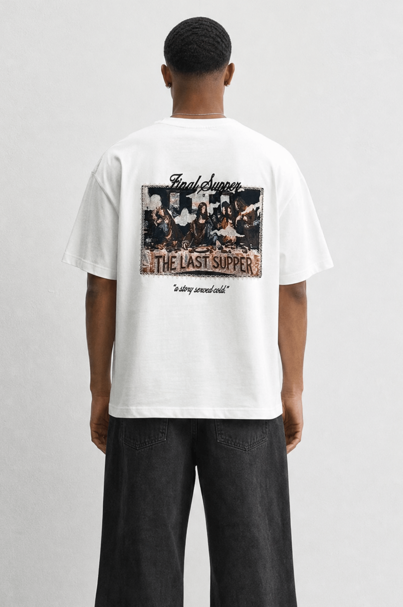 Erkek Final Supper Nakışlı Oversize T-Shirt Ekru