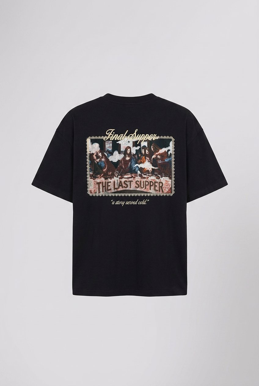 Erkek Final Supper Nakışlı Oversize T-Shirt Siyah