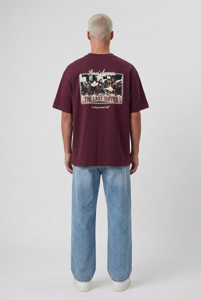 Erkek Final Supper Nakışlı Oversize T-Shirt Bordo