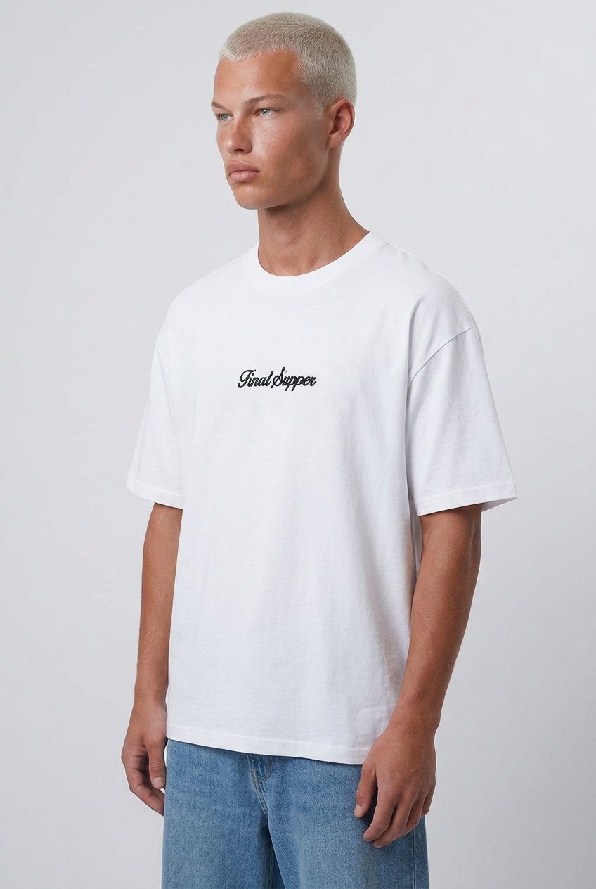 Erkek Final Supper Nakışlı Oversize T-Shirt Ekru