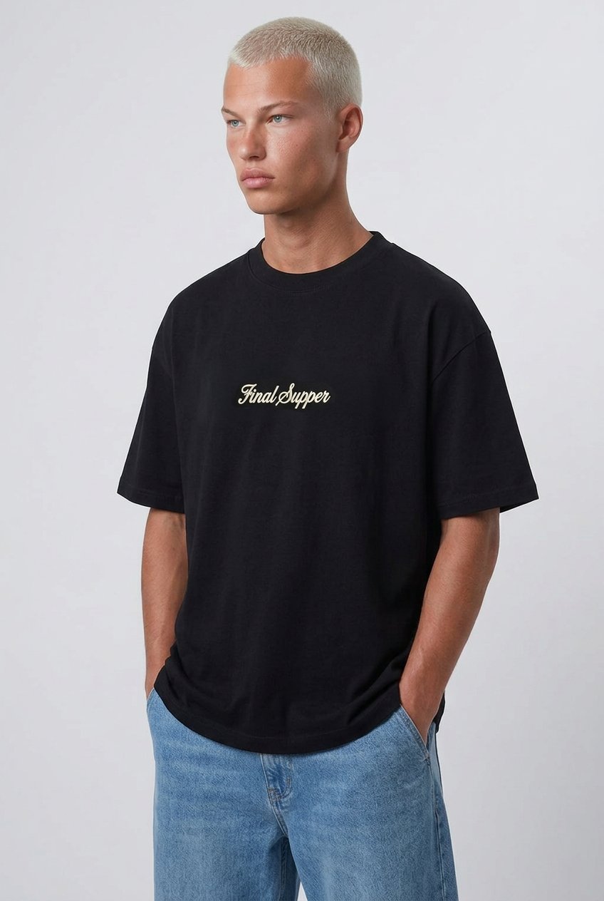 Erkek Final Supper Nakışlı Oversize T-Shirt Siyah