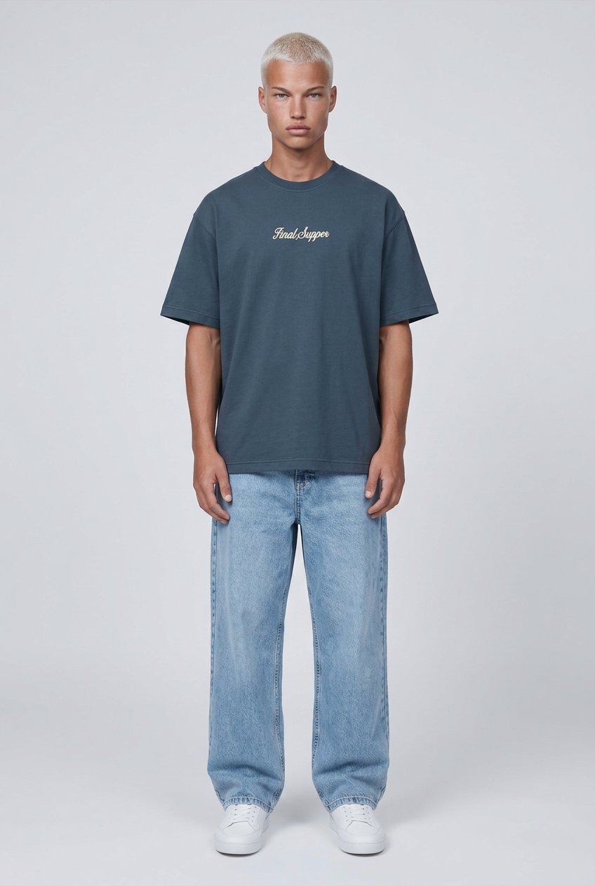 Erkek Final Supper Nakışlı Oversize T-Shirt Petrol