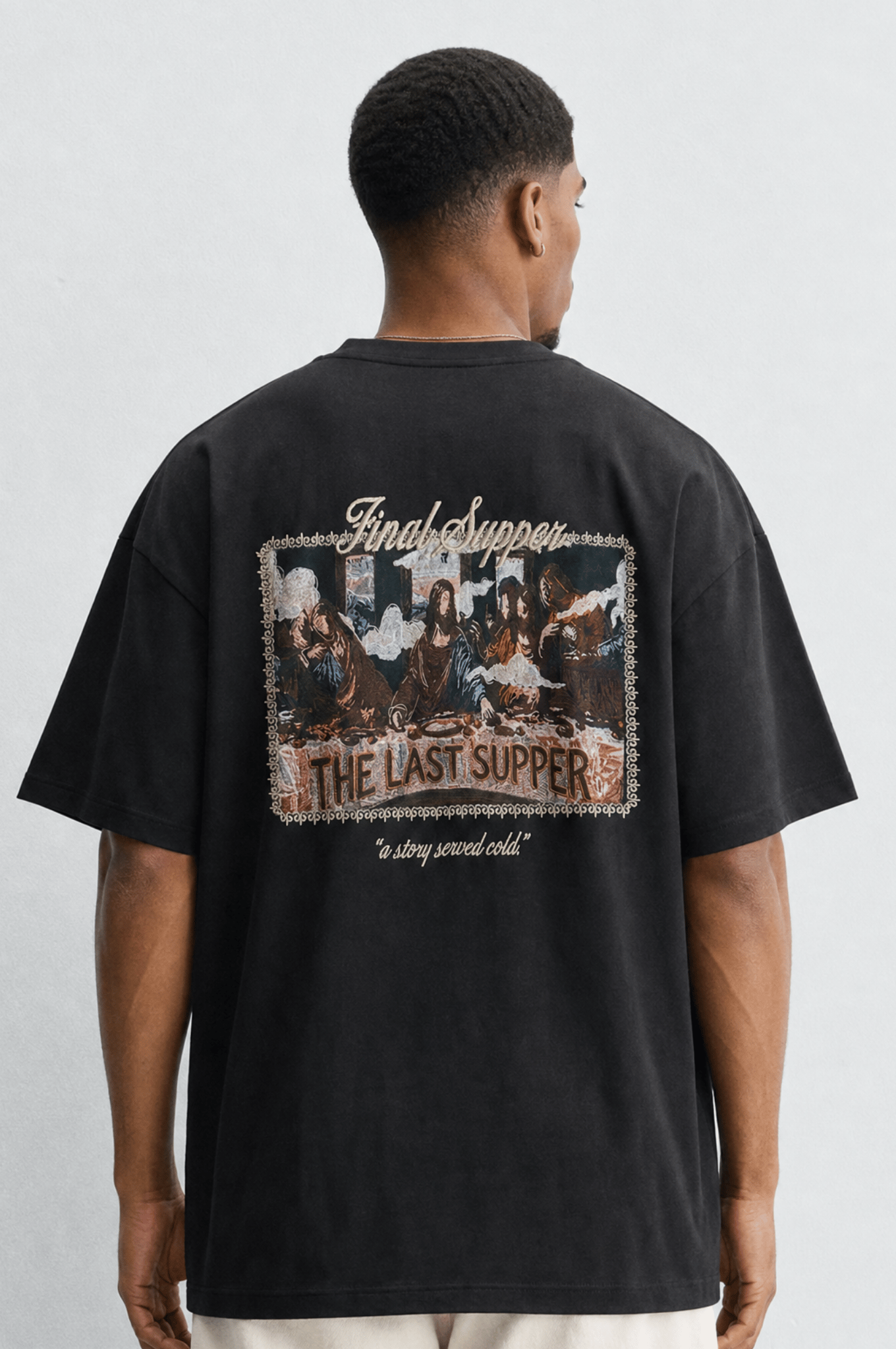 Erkek Final Supper Nakışlı Oversize T-Shirt Siyah