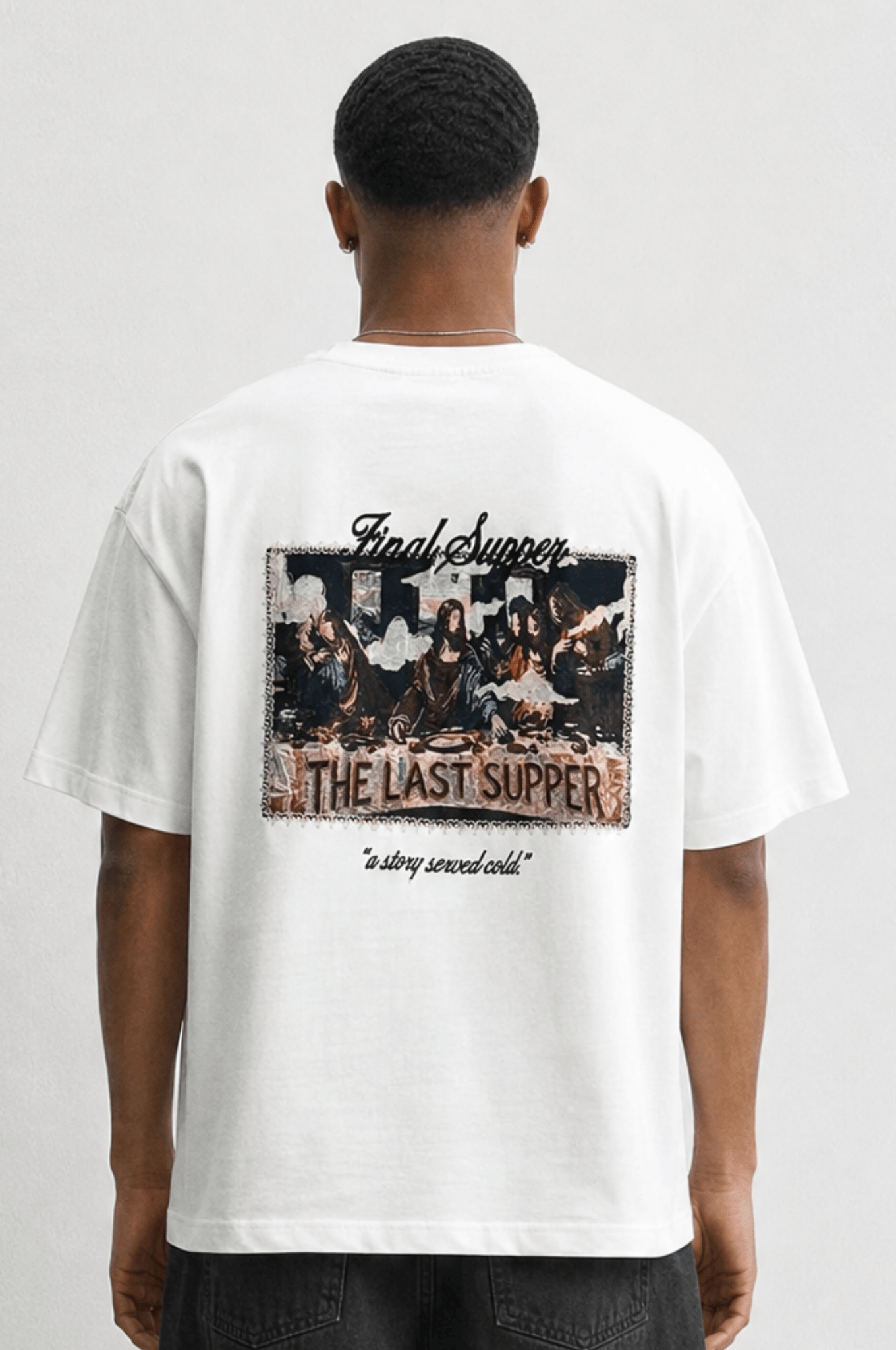 Erkek Final Supper Nakışlı Oversize T-Shirt Ekru
