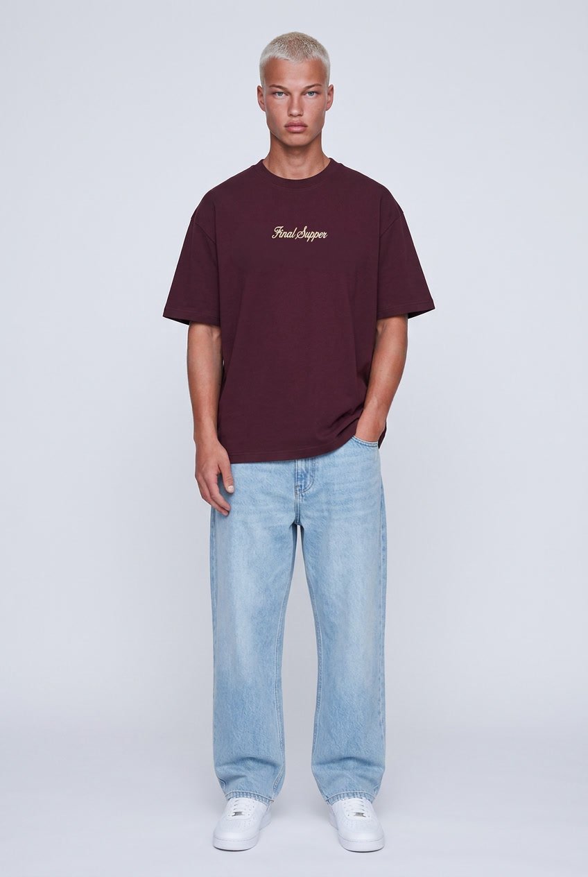 Erkek Final Supper Nakışlı Oversize T-Shirt Bordo