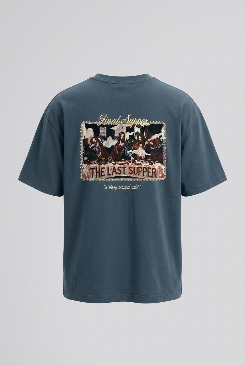 Erkek Final Supper Nakışlı Oversize T-Shirt Petrol