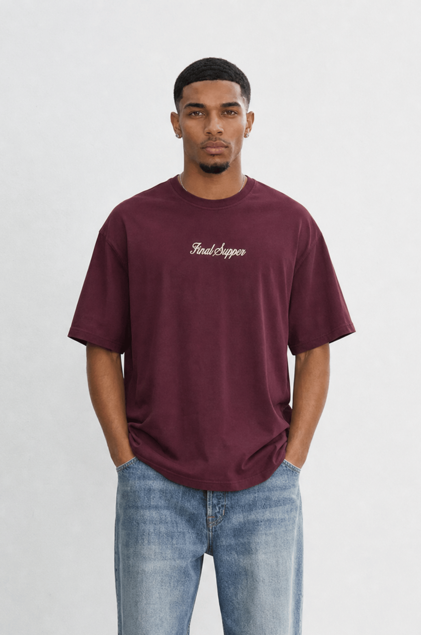Erkek Final Supper Nakışlı Oversize T-Shirt Bordo