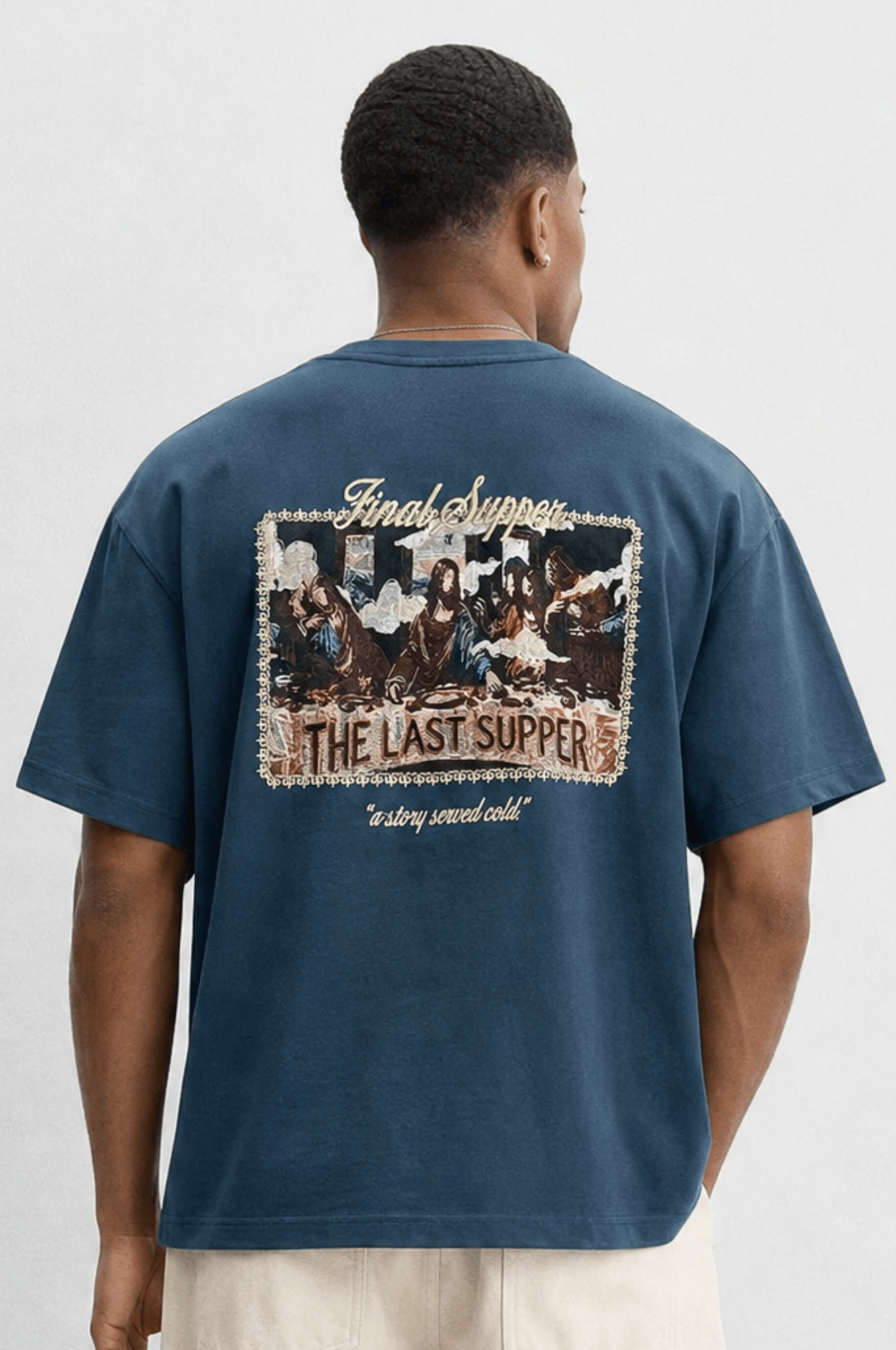 Erkek Final Supper Nakışlı Oversize T-Shirt Petrol