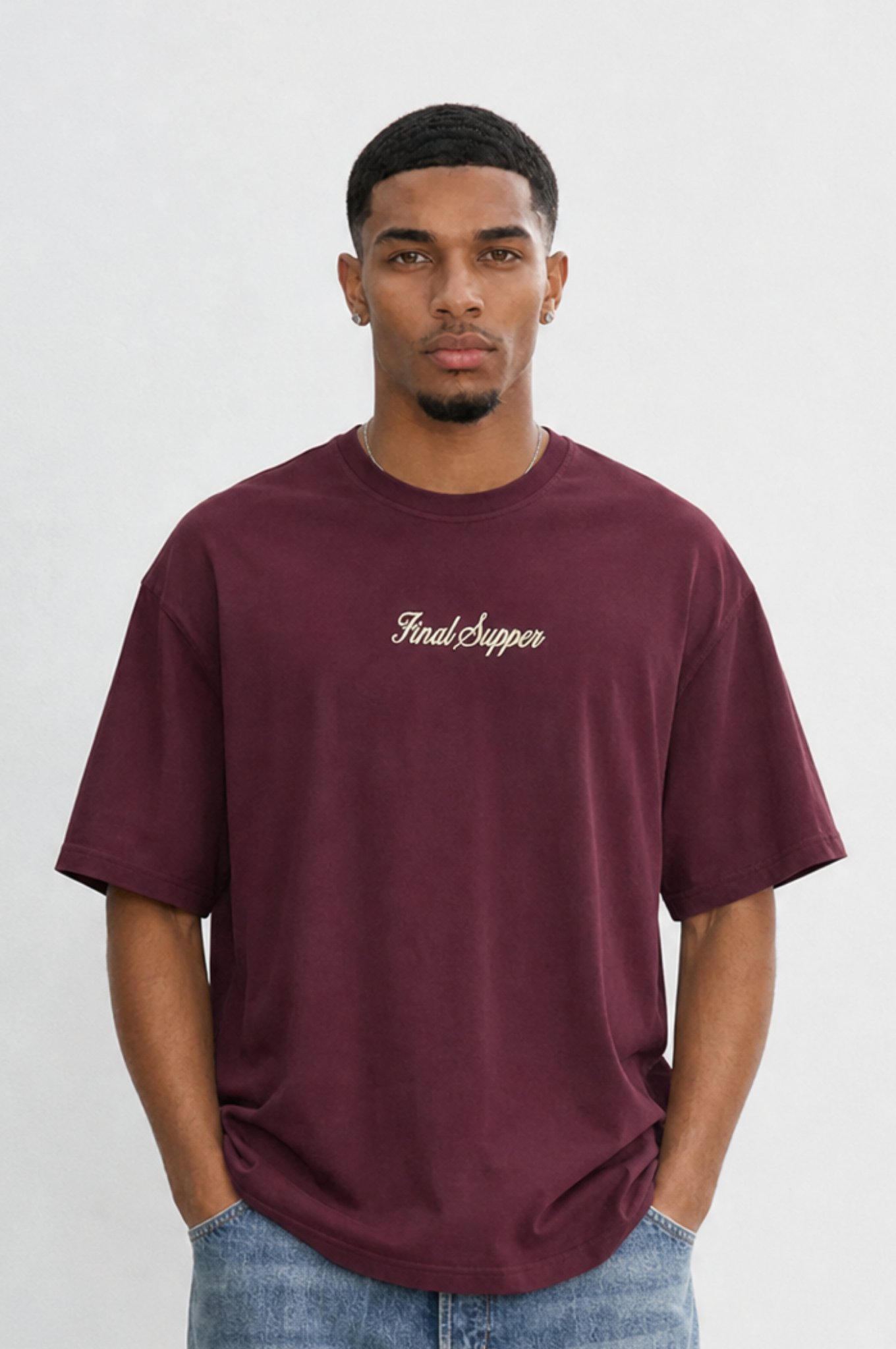 Erkek Final Supper Nakışlı Oversize T-Shirt Bordo