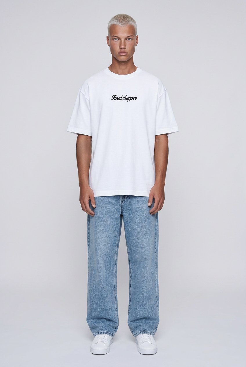 Erkek Final Supper Nakışlı Oversize T-Shirt Ekru