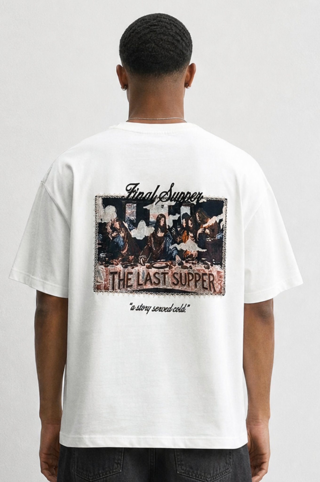 Erkek Final Supper Nakışlı Oversize T-Shirt Ekru