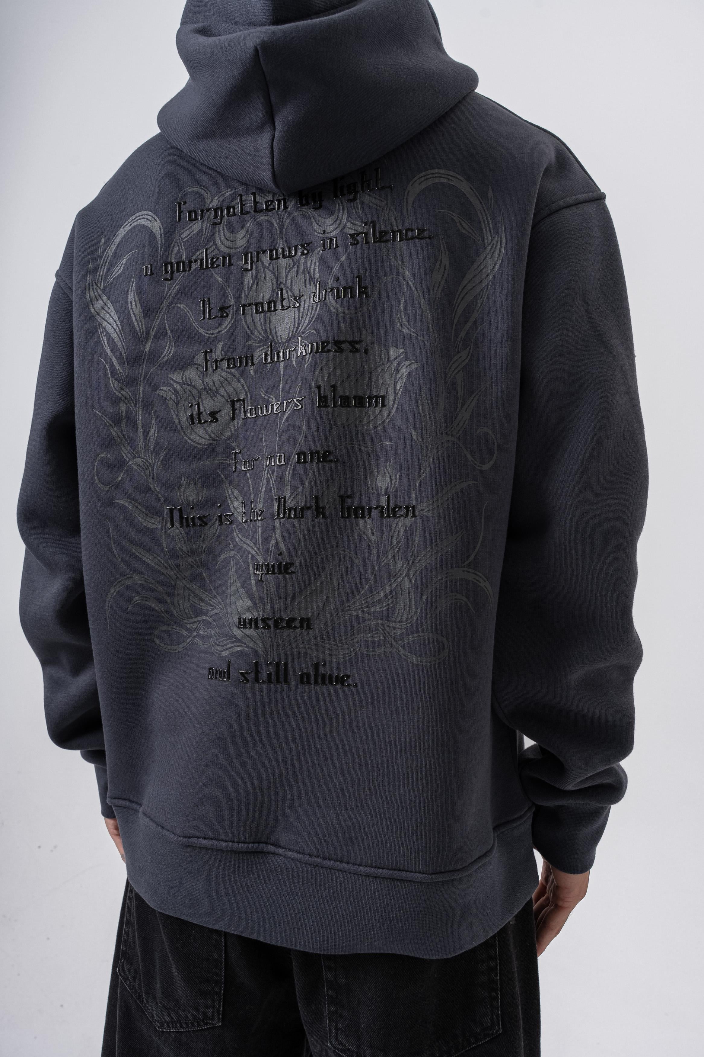 Erkek Garden Baskılı Kapüşonlu Oversize Hoodie Füme