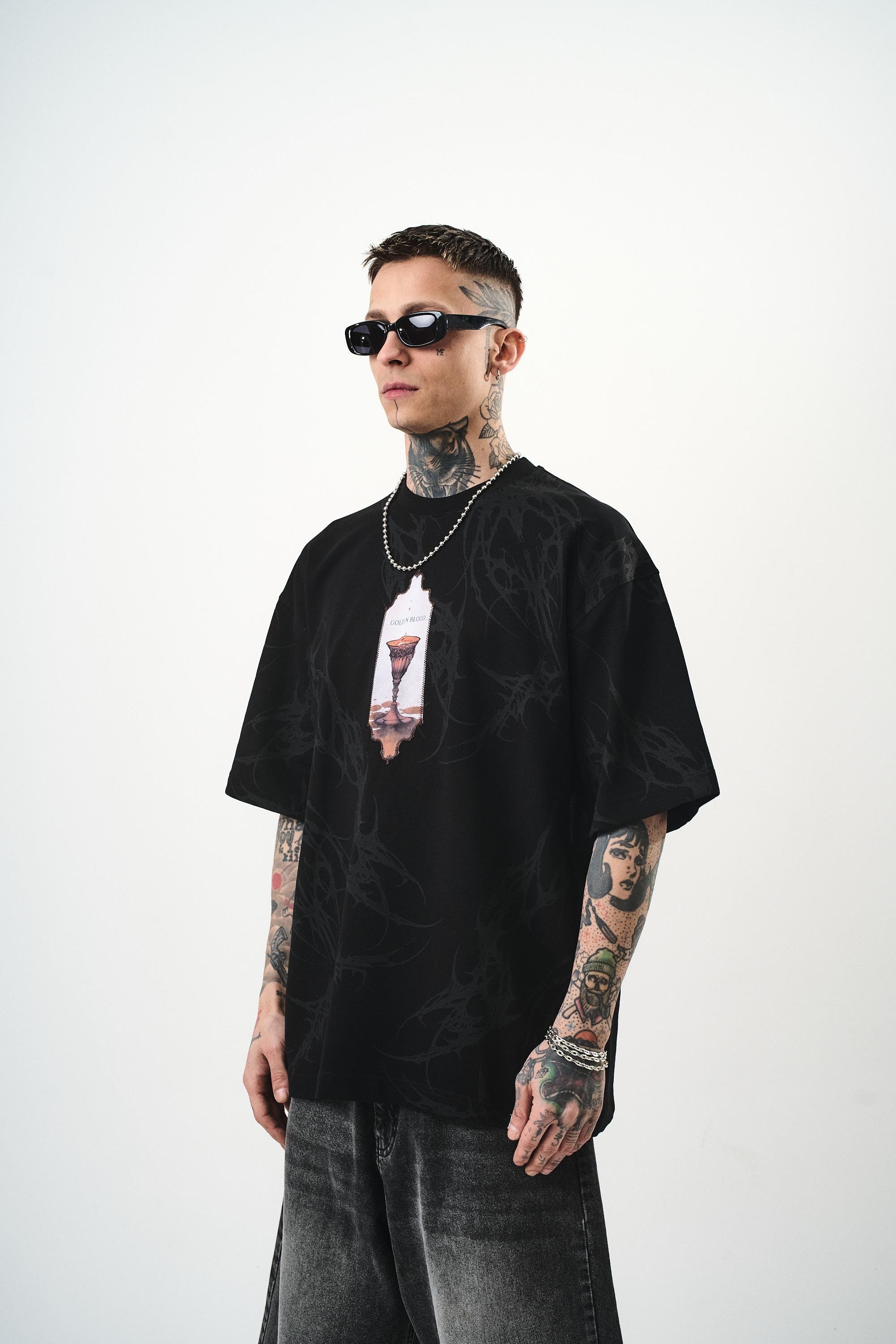 Erkek Golden Baskılı Oversize T-Shirt Siyah
