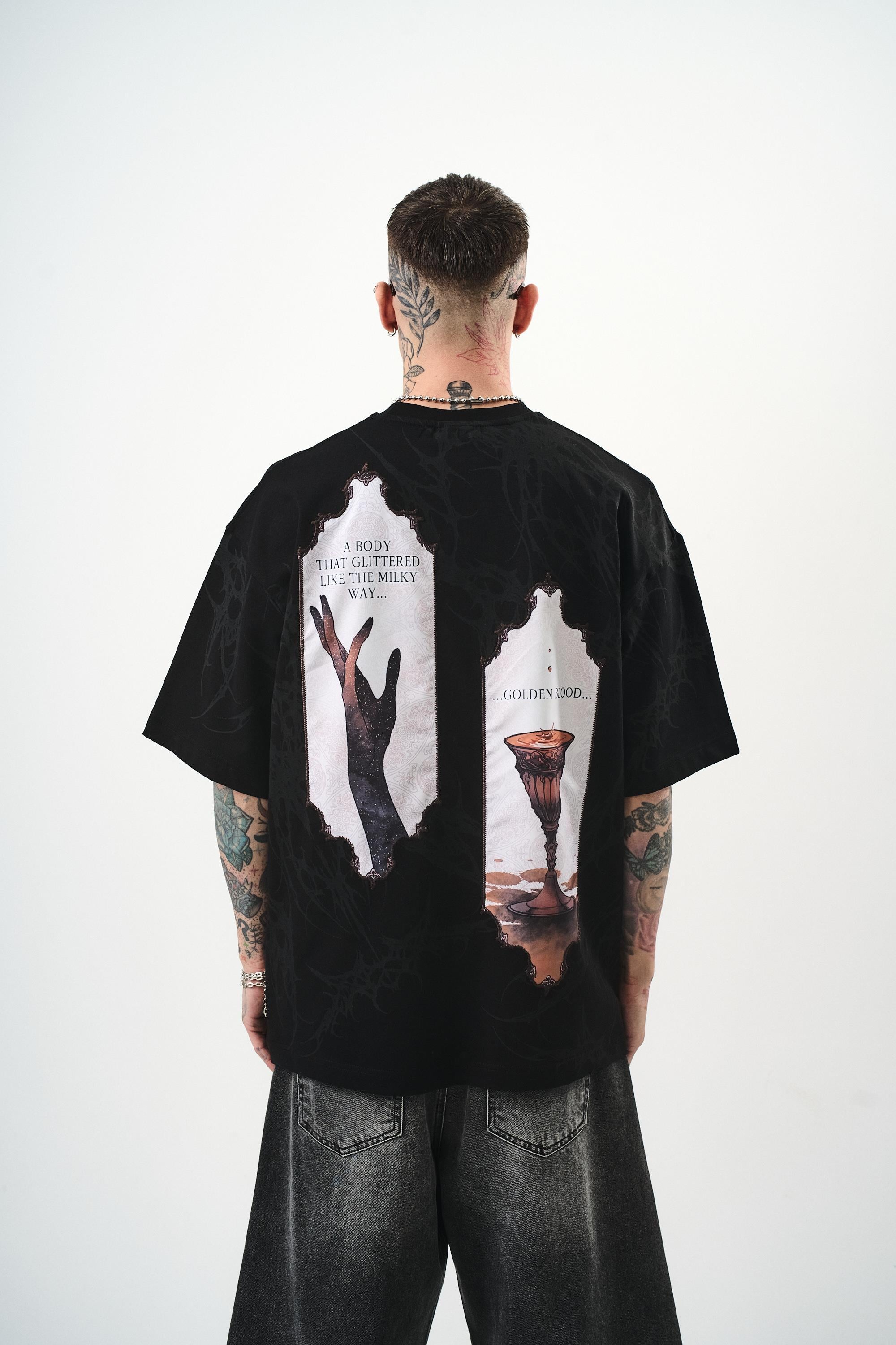 Erkek Golden Baskılı Oversize T-Shirt Siyah