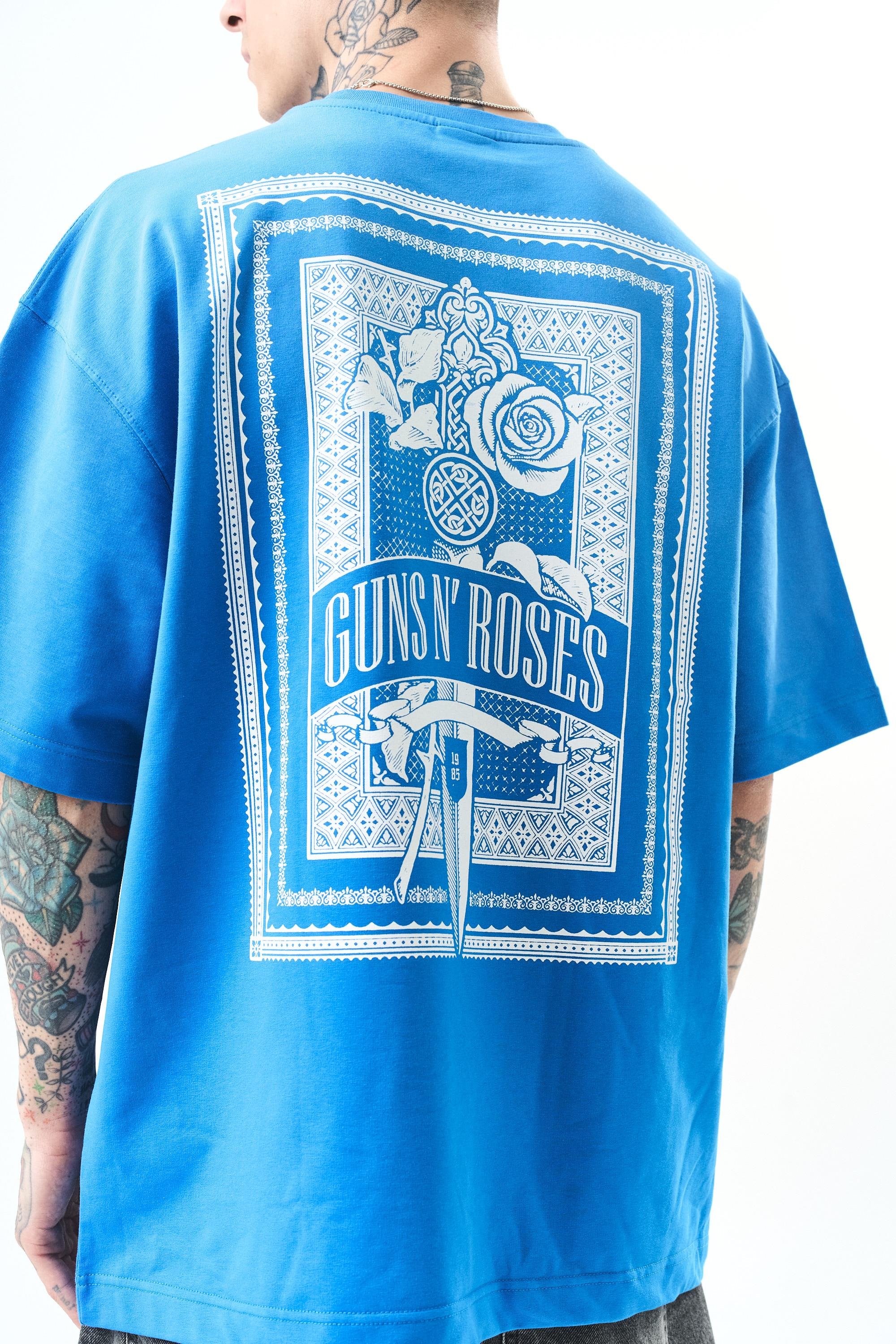 Erkek Guns Roses Baskılı Oversize T-Shirt Mavi