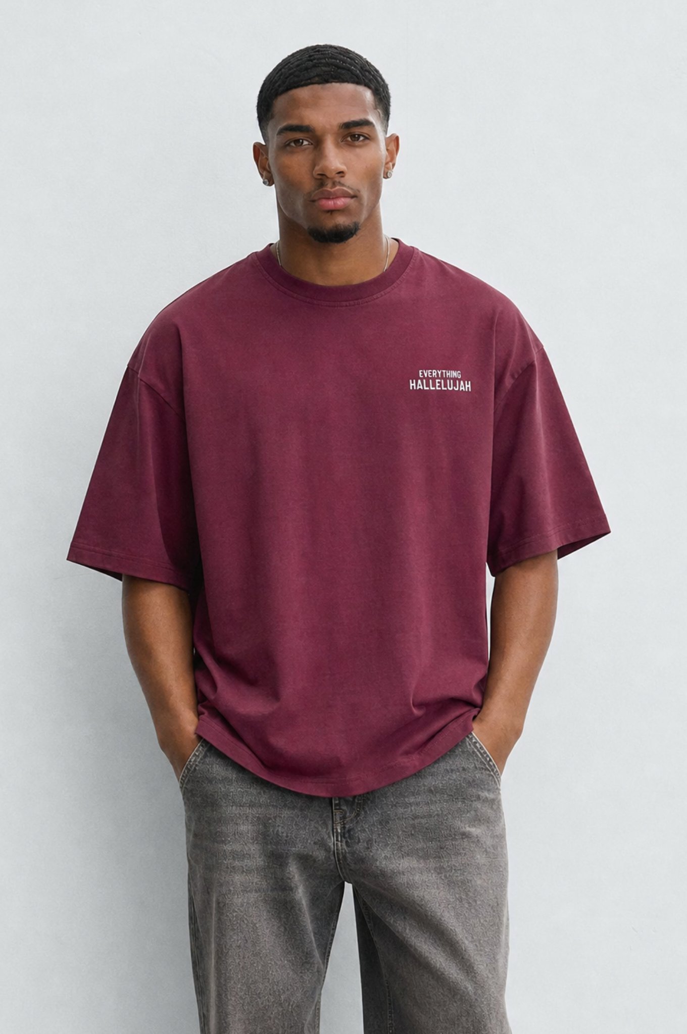 Erkek Hallelujah Baskılı Oversize T-Shirt Bordo