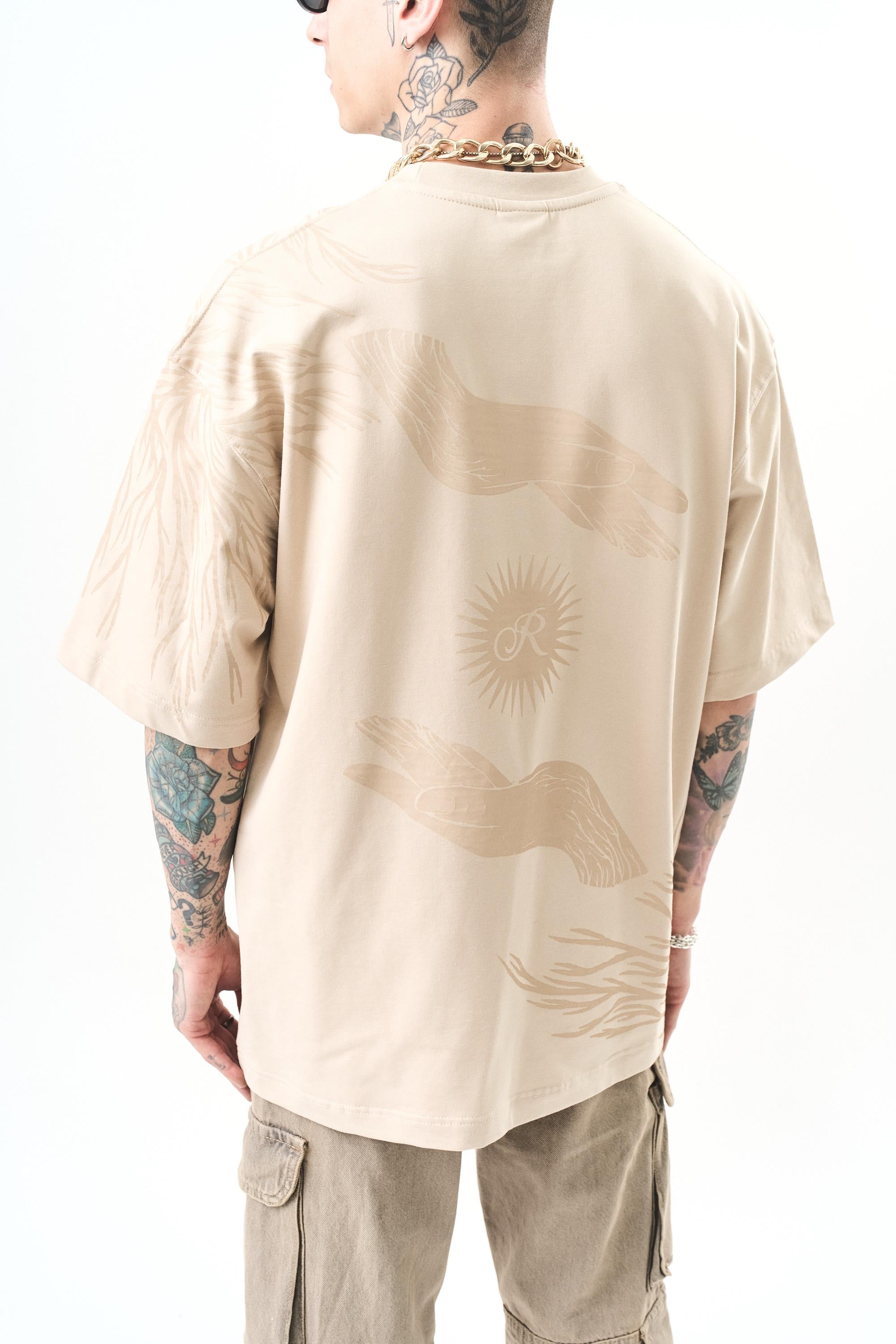 Erkek Hand Baskılı Oversize T-Shirt Bej