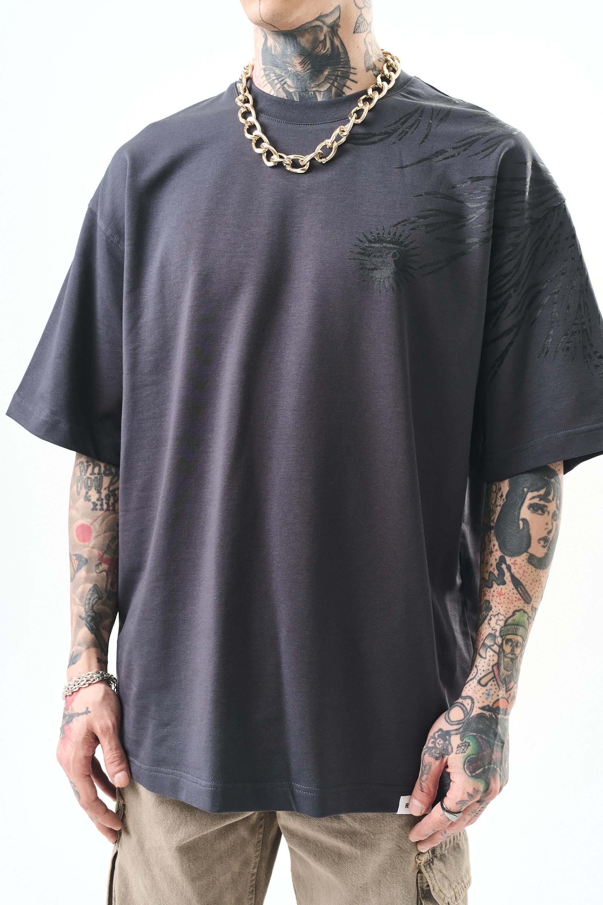 Erkek Hand Baskılı Oversize T-Shirt Füme