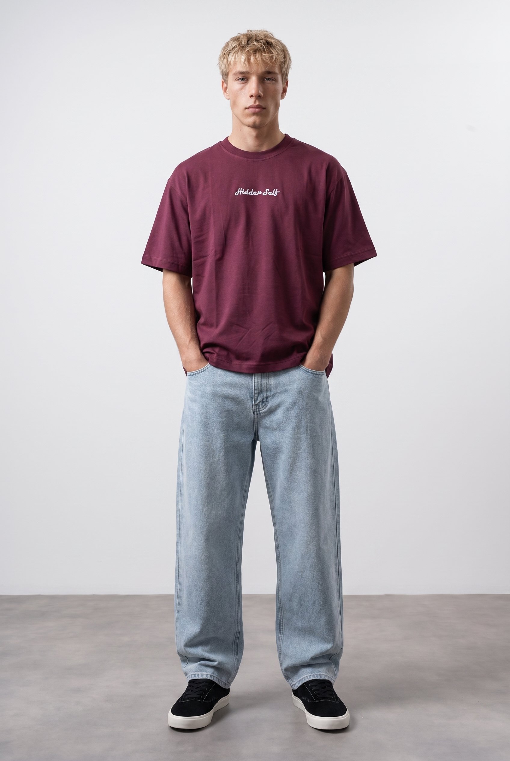 Erkek Hidden Self Baskılı Oversize T-Shirt Bordo