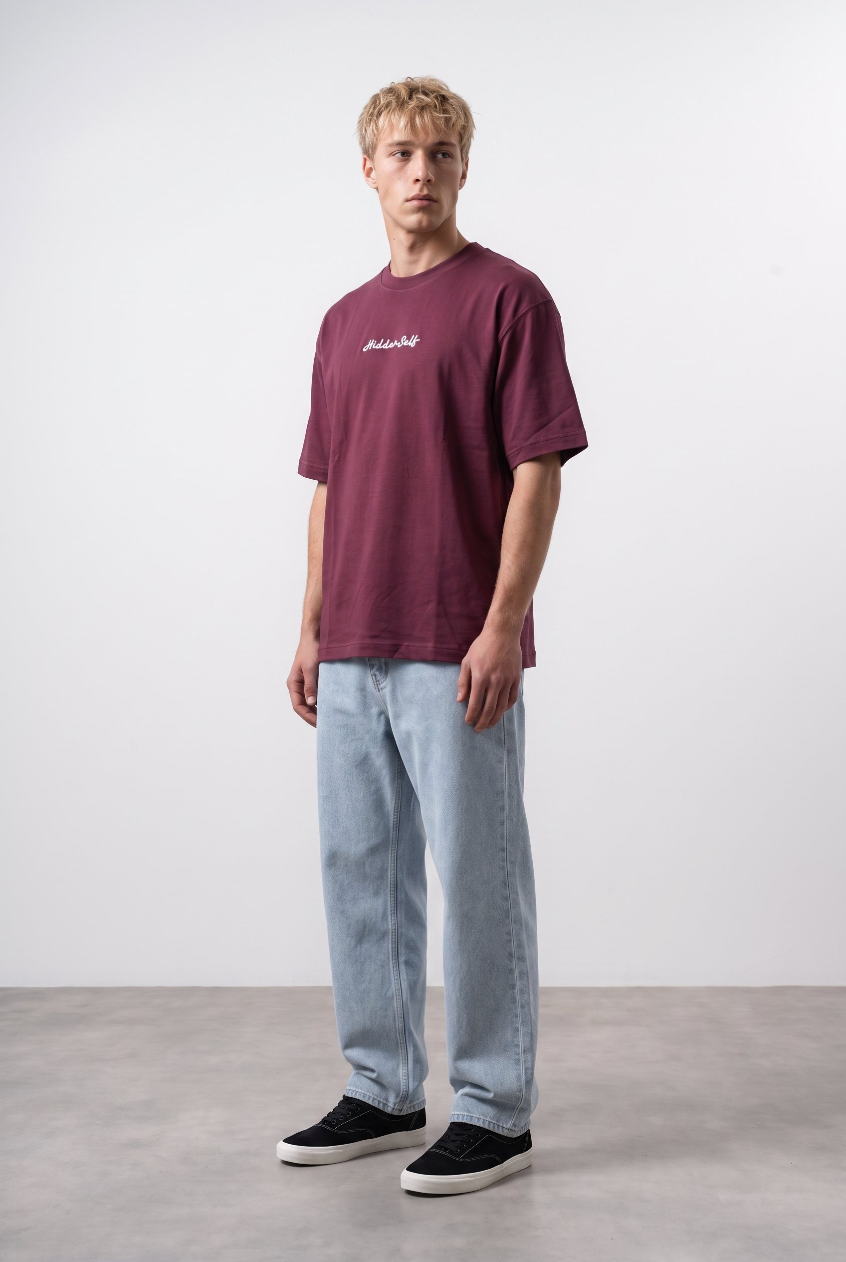 Erkek Hidden Self Baskılı Oversize T-Shirt Bordo