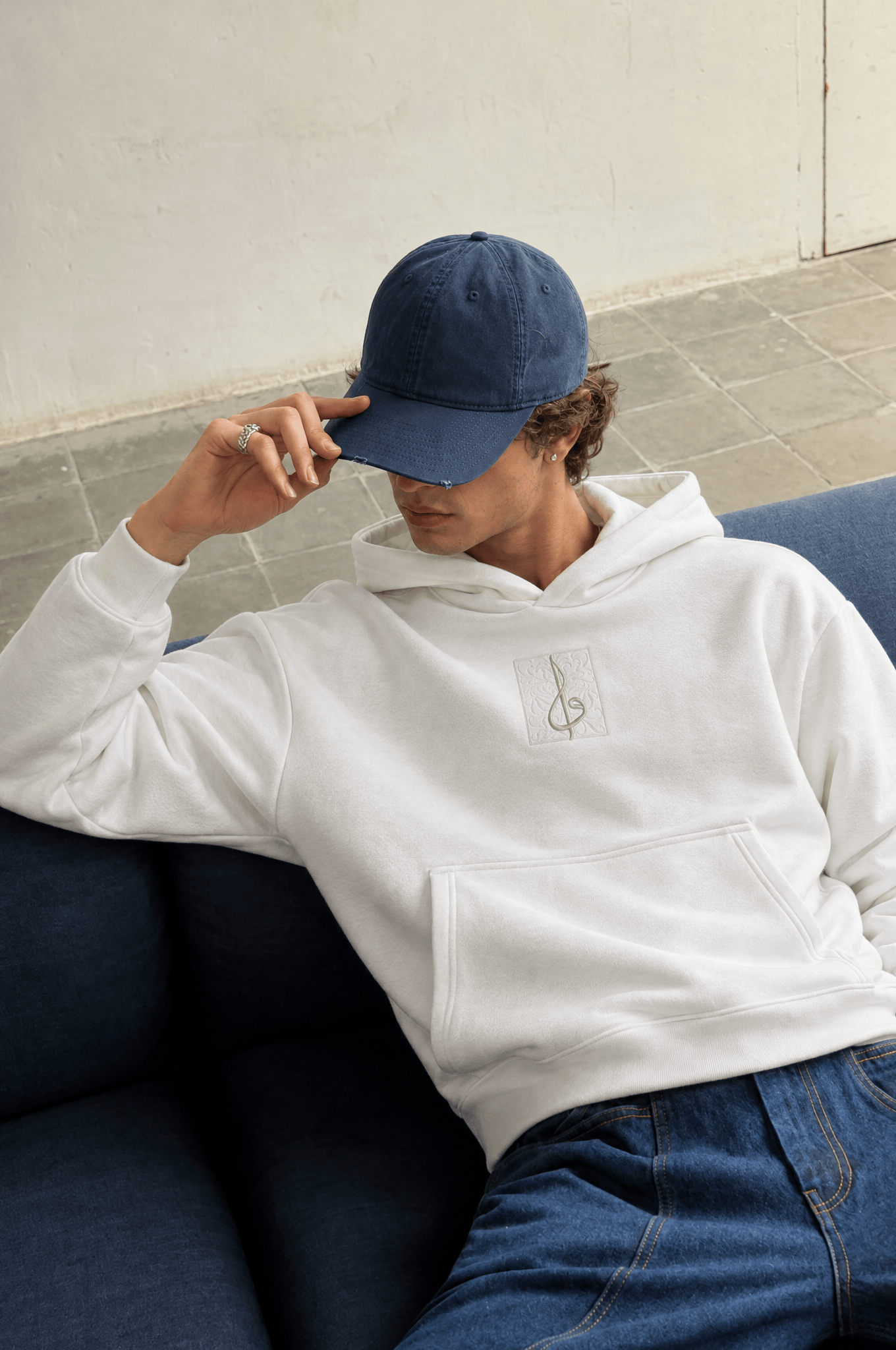 Erkek Horse Patch Detaylı Oversize Hoodie Ekru