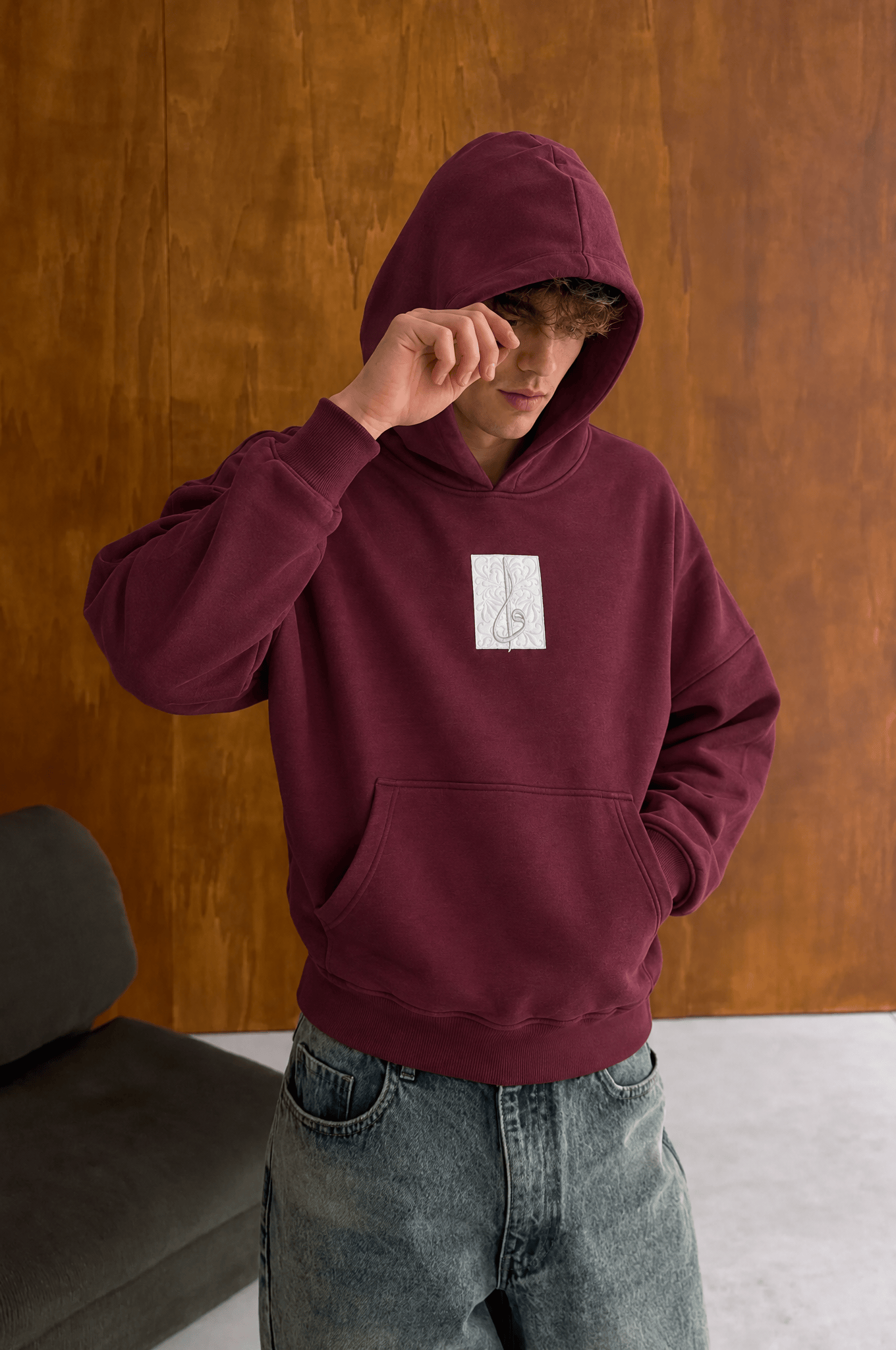 Erkek Horse Patch Detaylı Oversize Hoodie Bordo