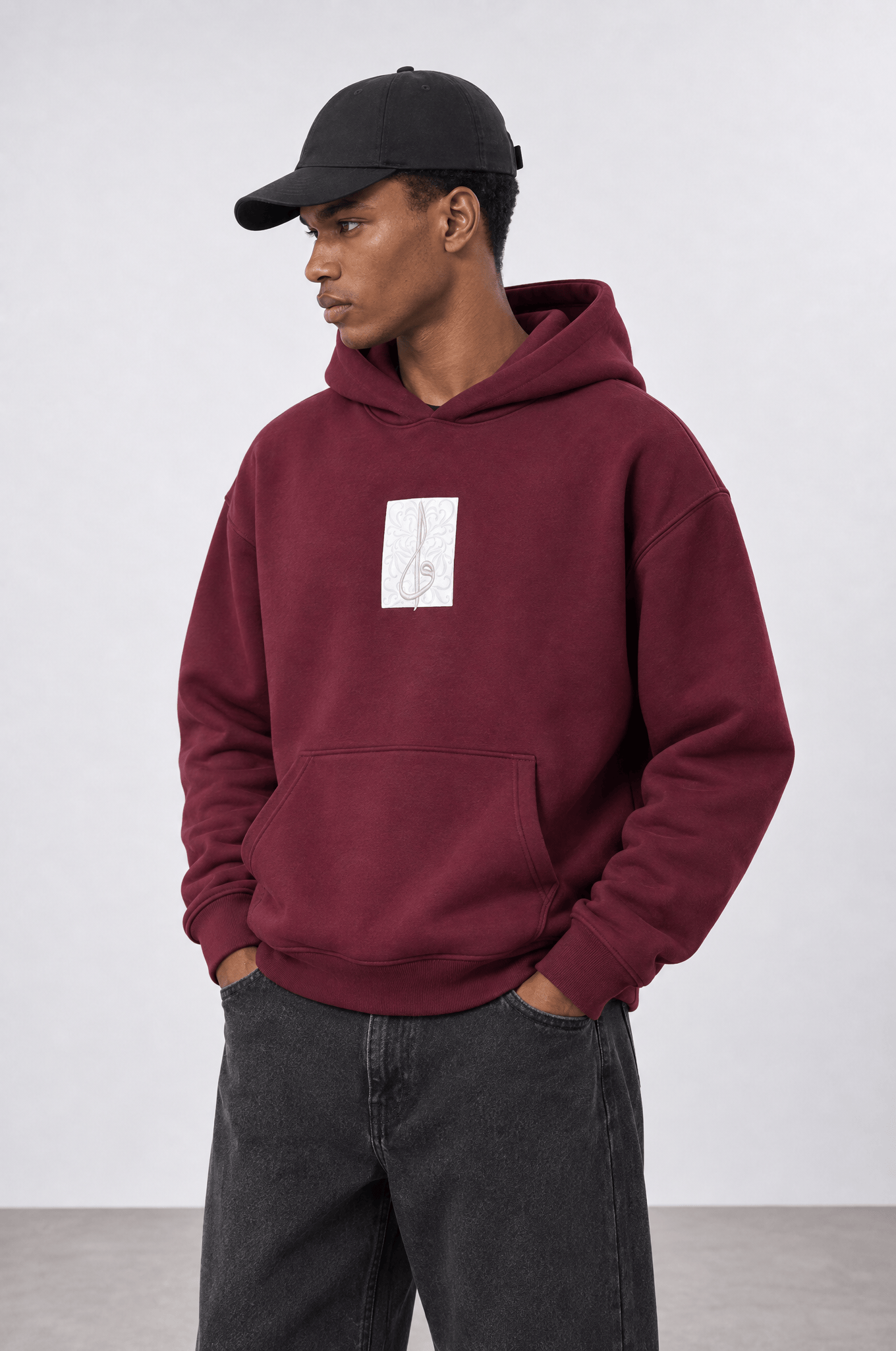 Erkek Horse Patch Detaylı Oversize Hoodie Bordo