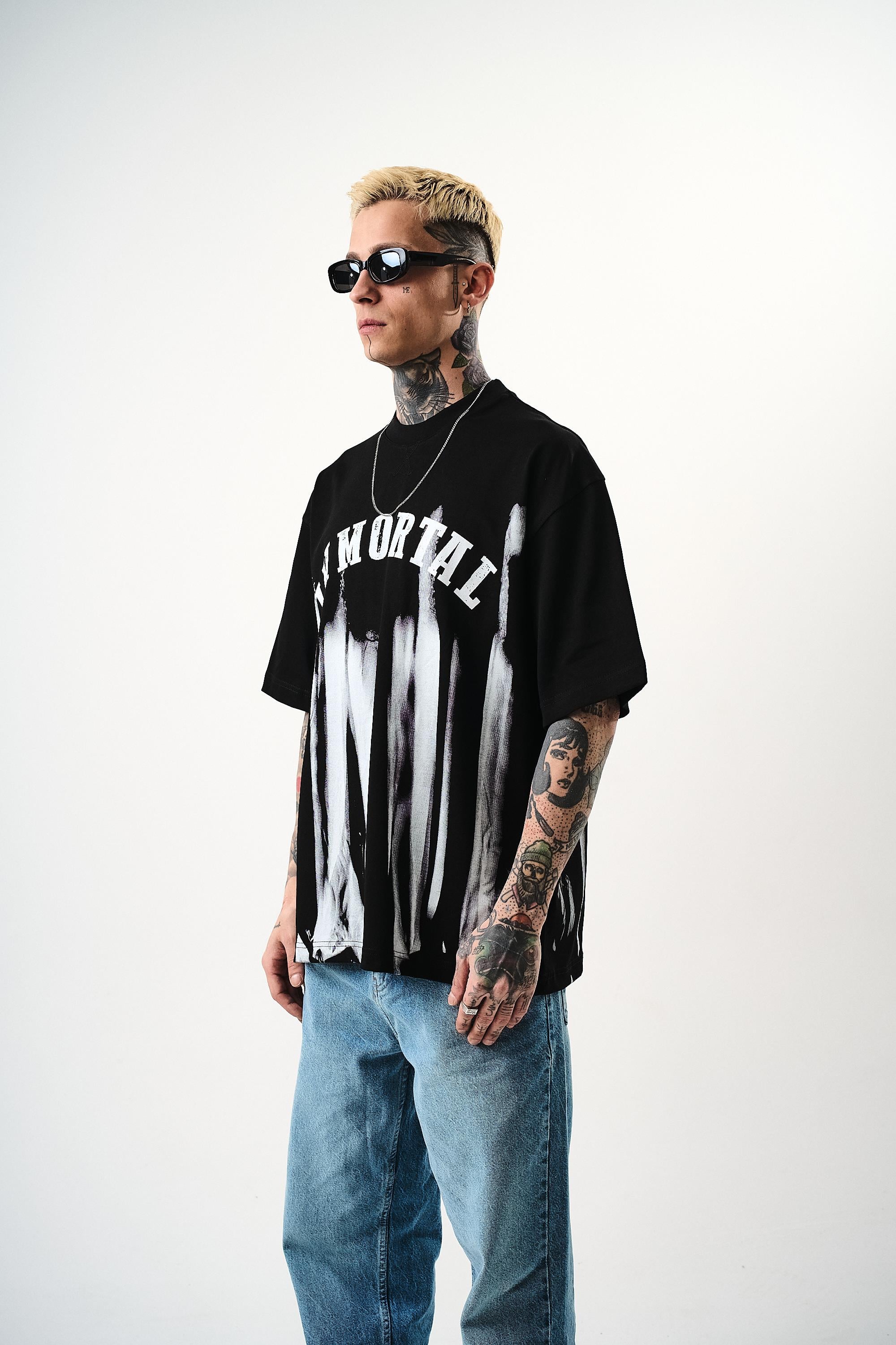 Erkek İmmortal Baskılı Oversize T-Shirt Siyah