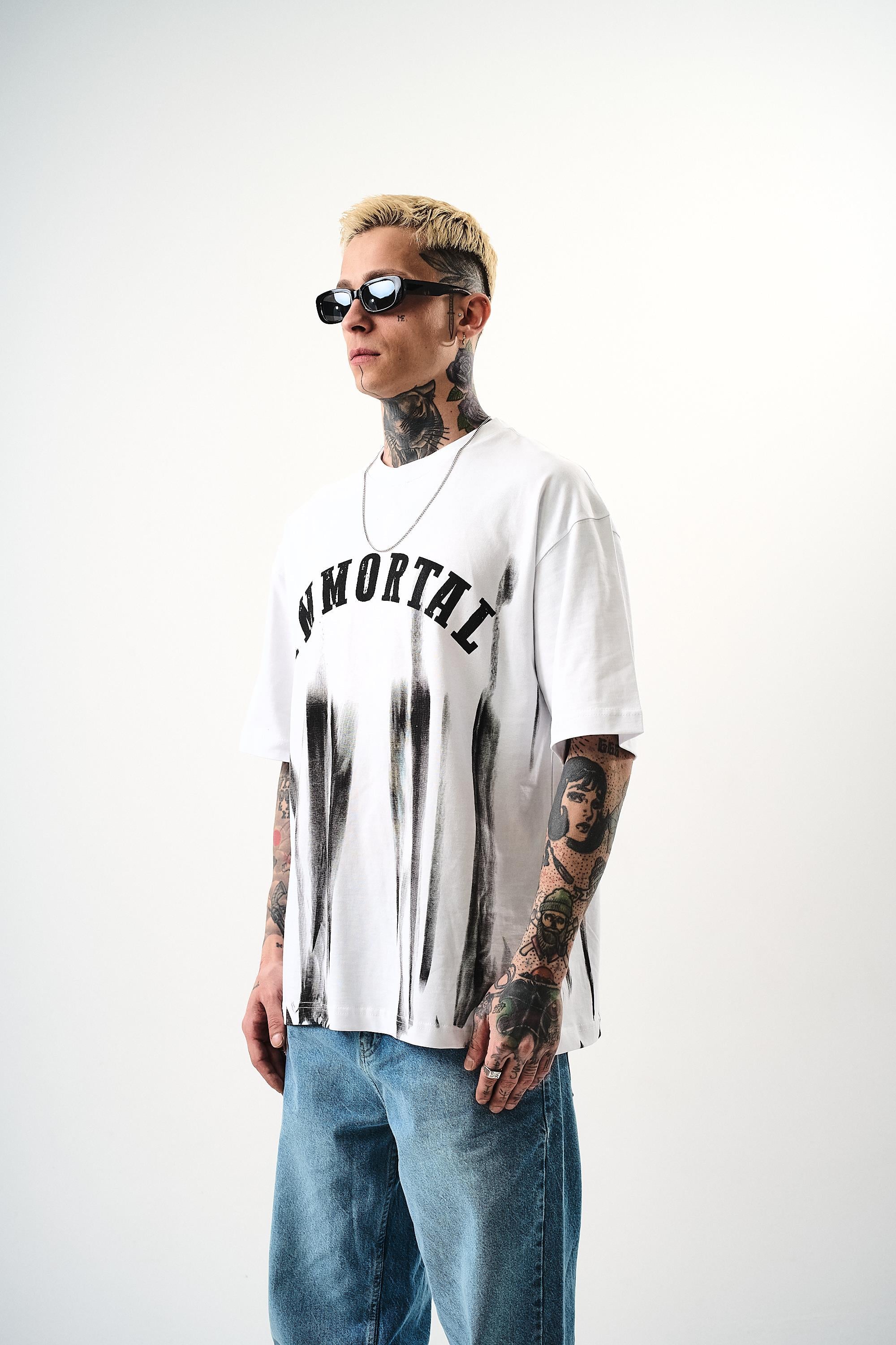 Erkek İmmortal Baskılı Oversize T-Shirt Beyaz