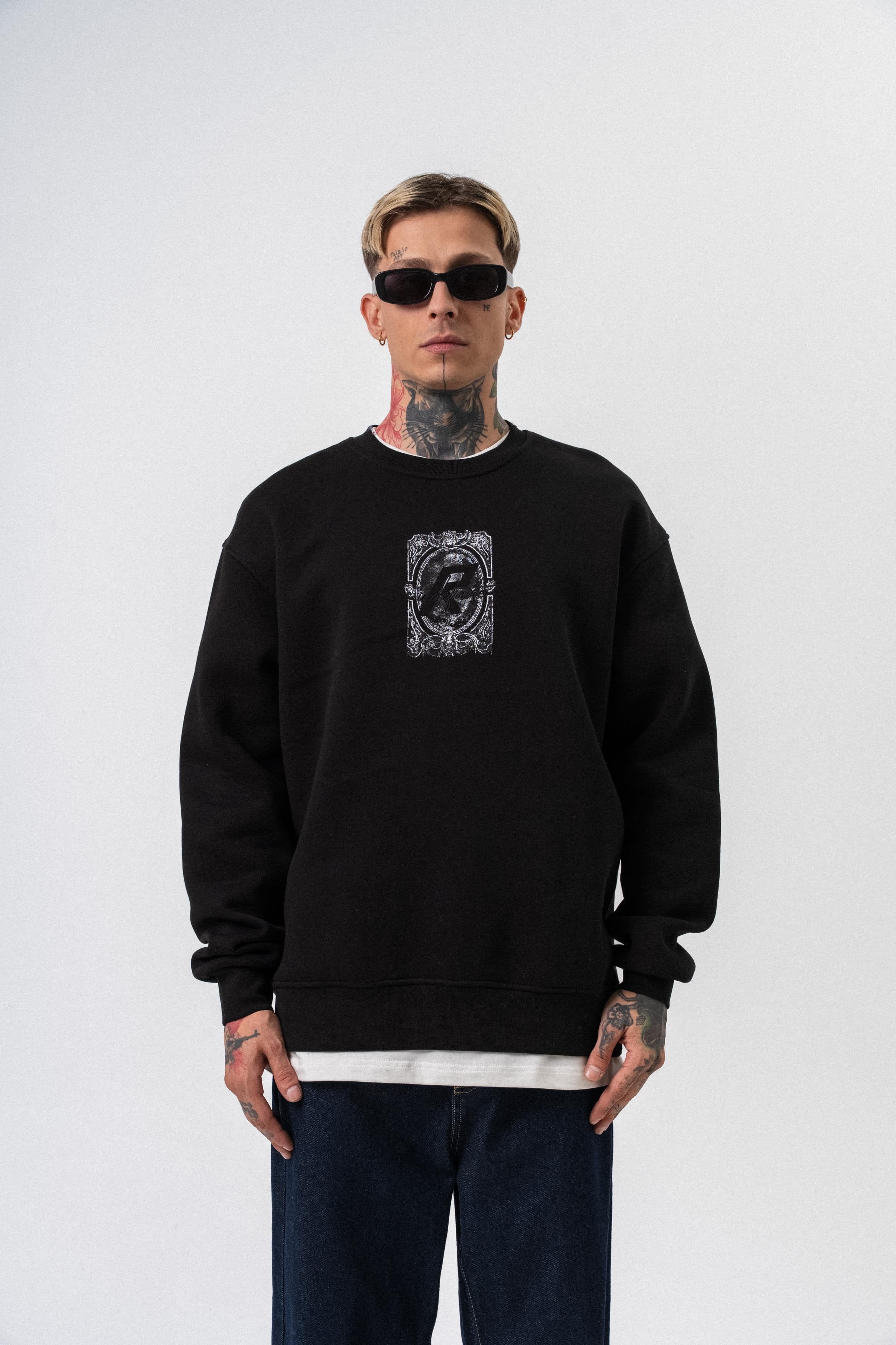 Erkek Indefinite Baskılı Bisiklet Yaka Oversize Sweatshirt Siyah