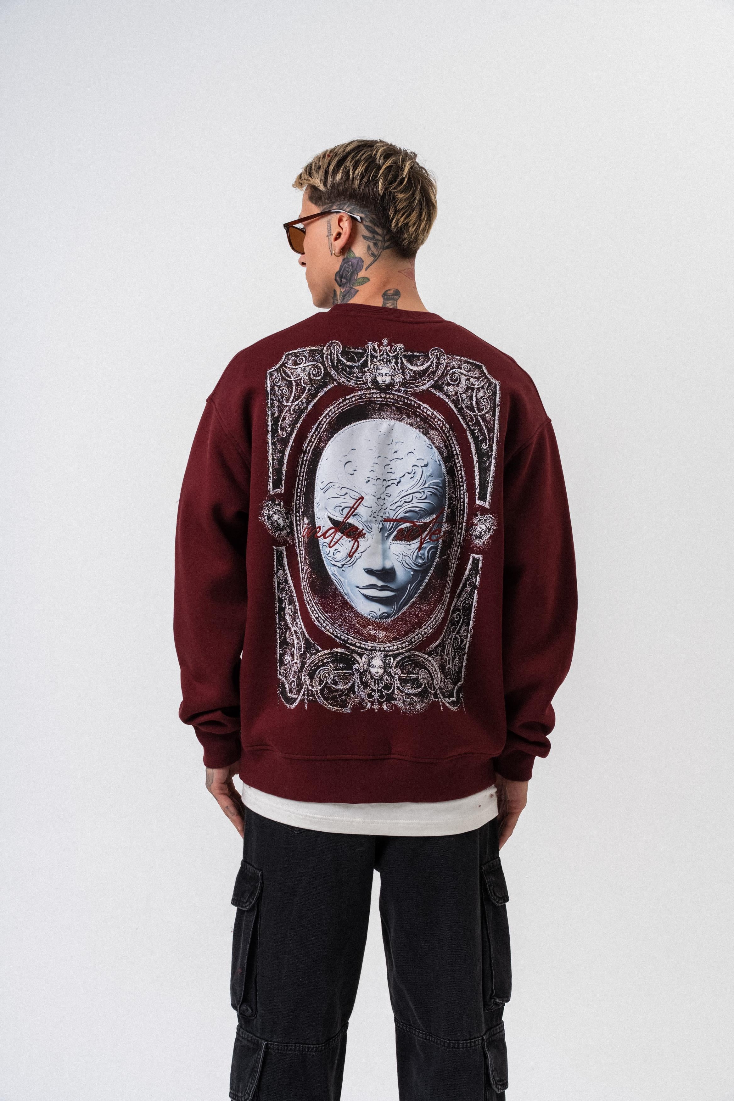 Erkek Indefinite Baskılı Bisiklet Yaka Oversize Sweatshirt Bordo