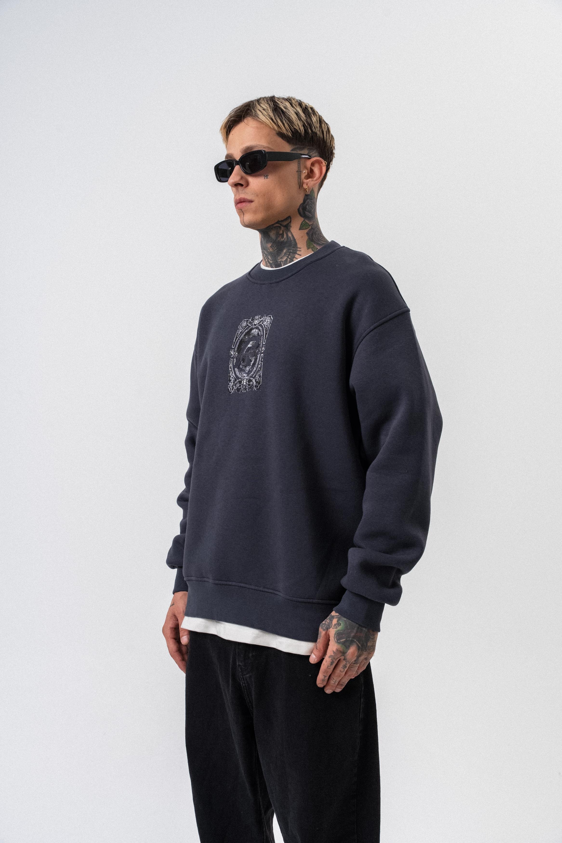 Erkek Indefinite Baskılı Bisiklet Yaka Oversize Sweatshirt Füme