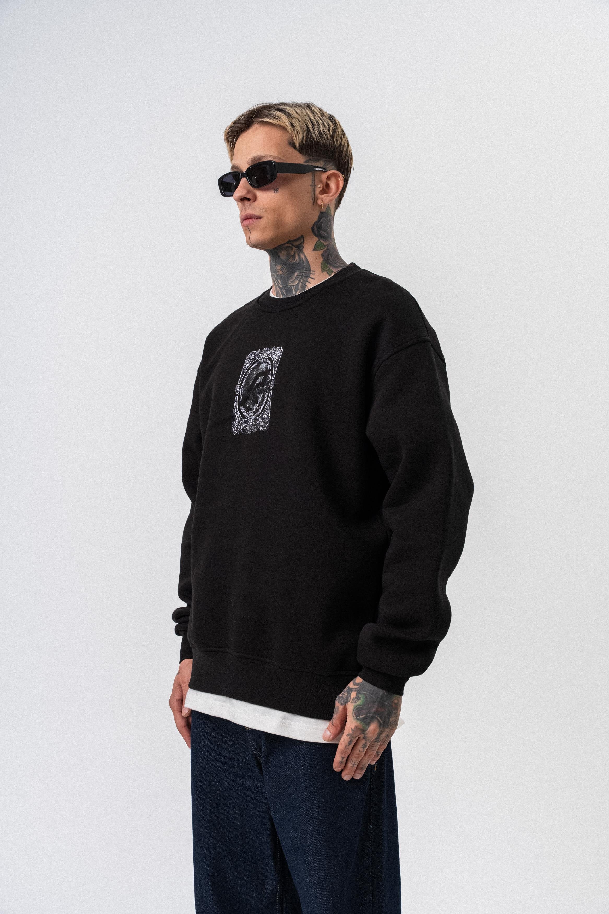 Erkek Indefinite Baskılı Bisiklet Yaka Oversize Sweatshirt Siyah