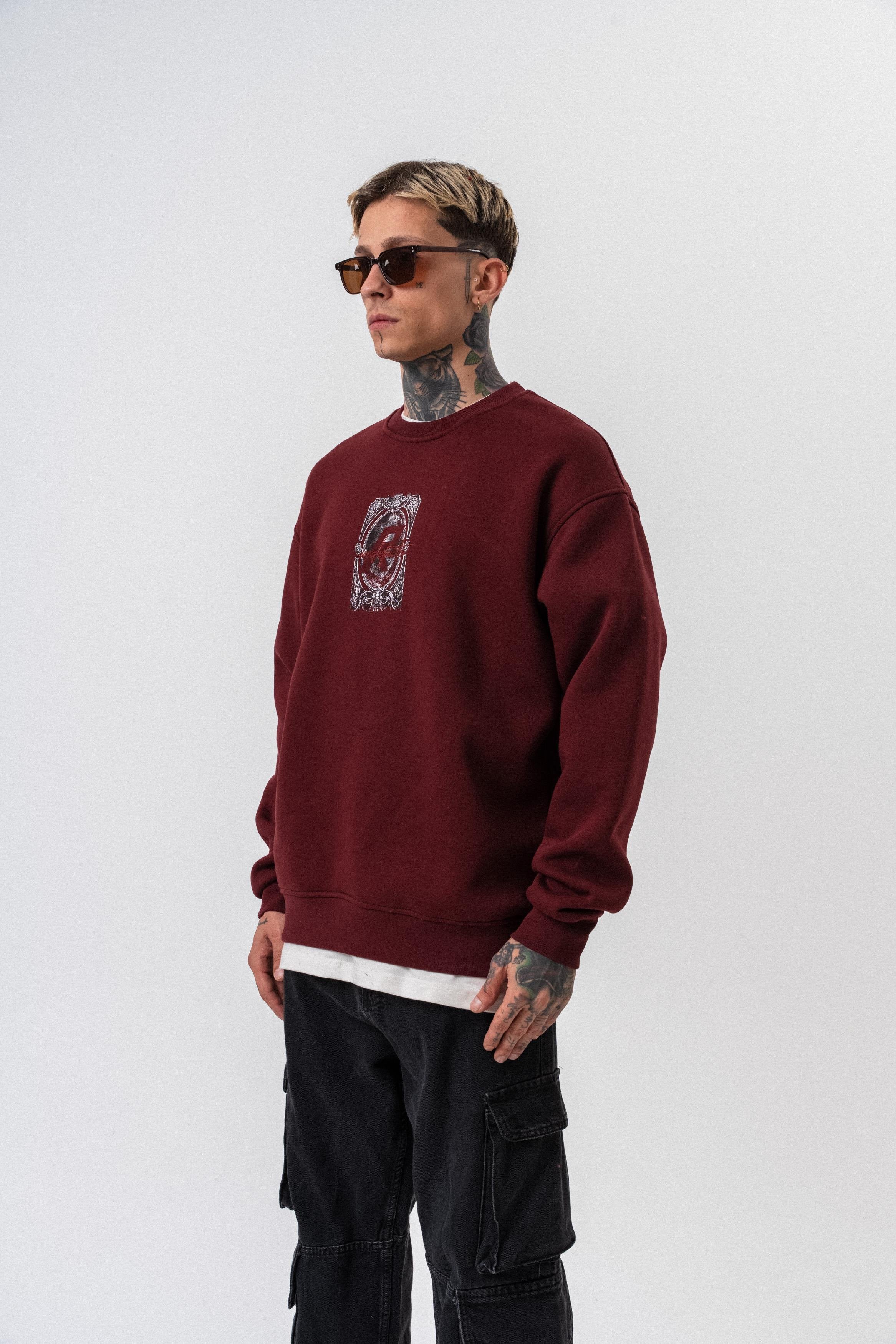 Erkek Indefinite Baskılı Bisiklet Yaka Oversize Sweatshirt Bordo