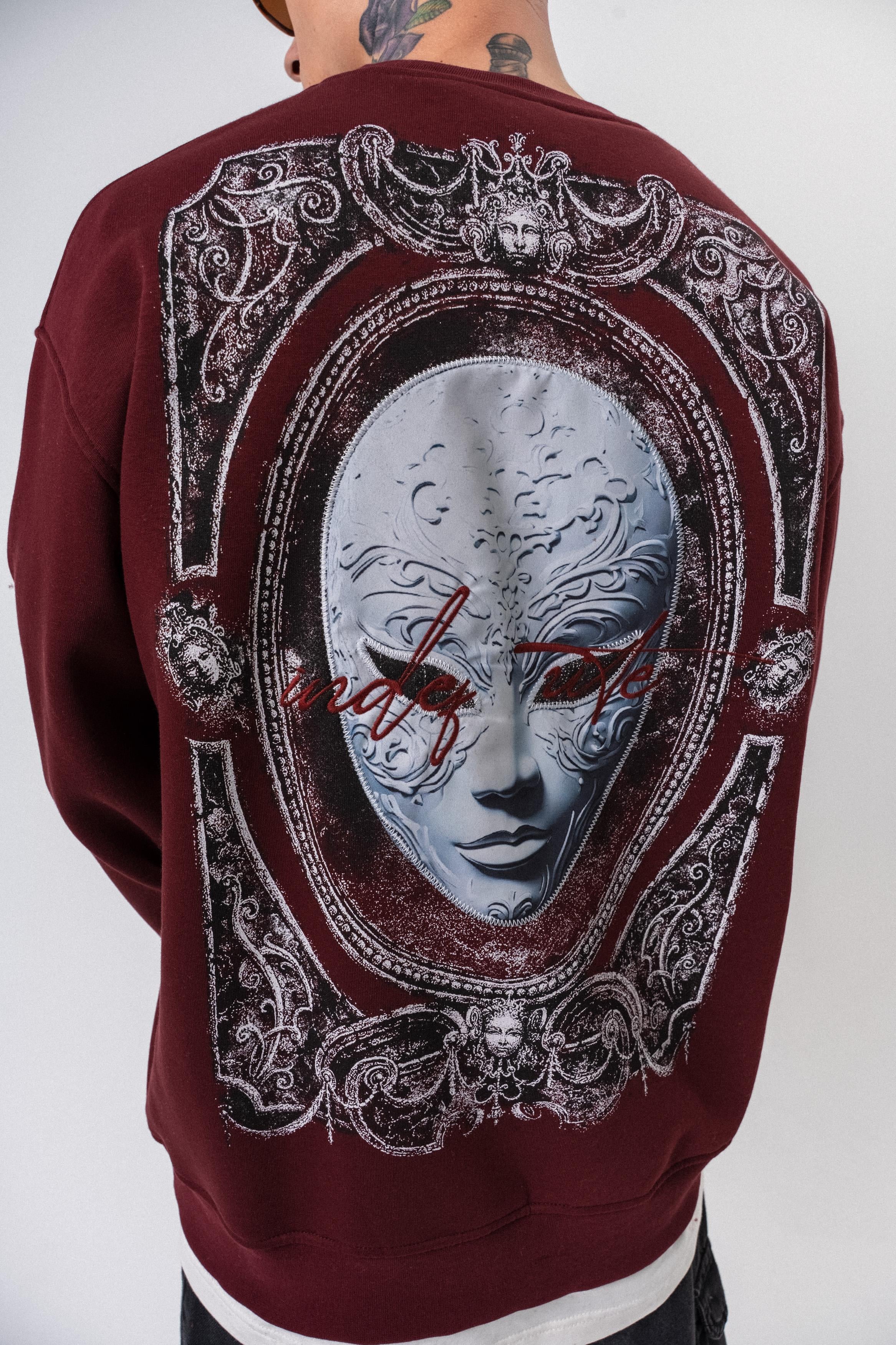Erkek Indefinite Baskılı Bisiklet Yaka Oversize Sweatshirt Bordo
