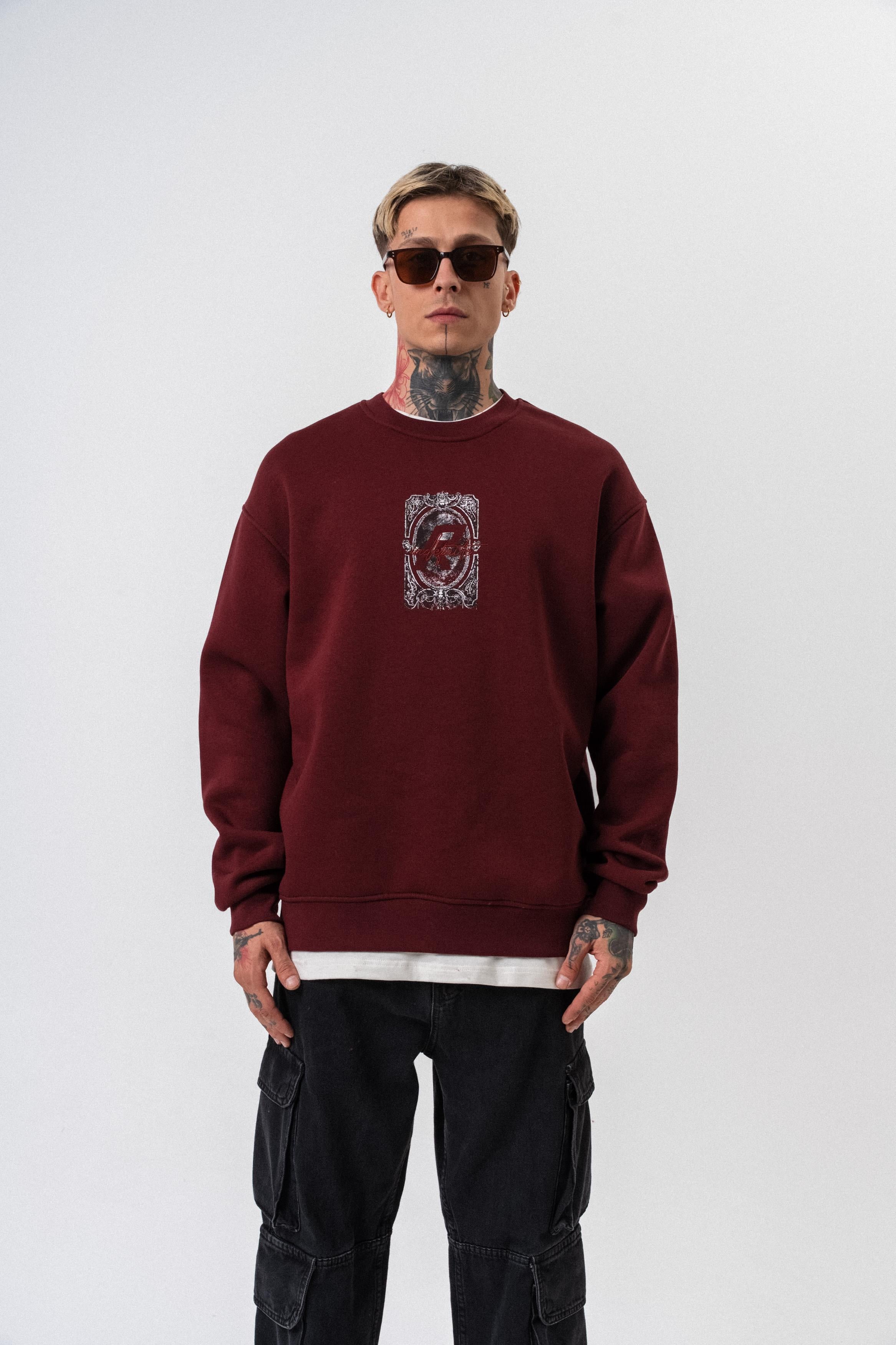 Erkek Indefinite Baskılı Bisiklet Yaka Oversize Sweatshirt Bordo