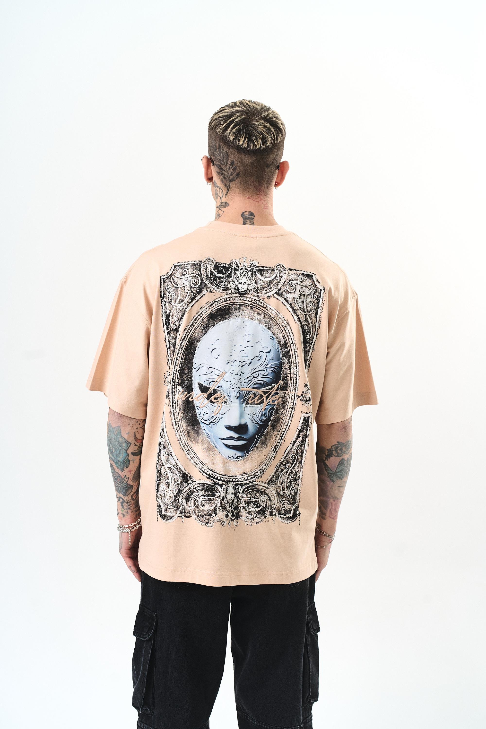 Erkek Indefinite Baskılı Oversize T-Shirt Bej