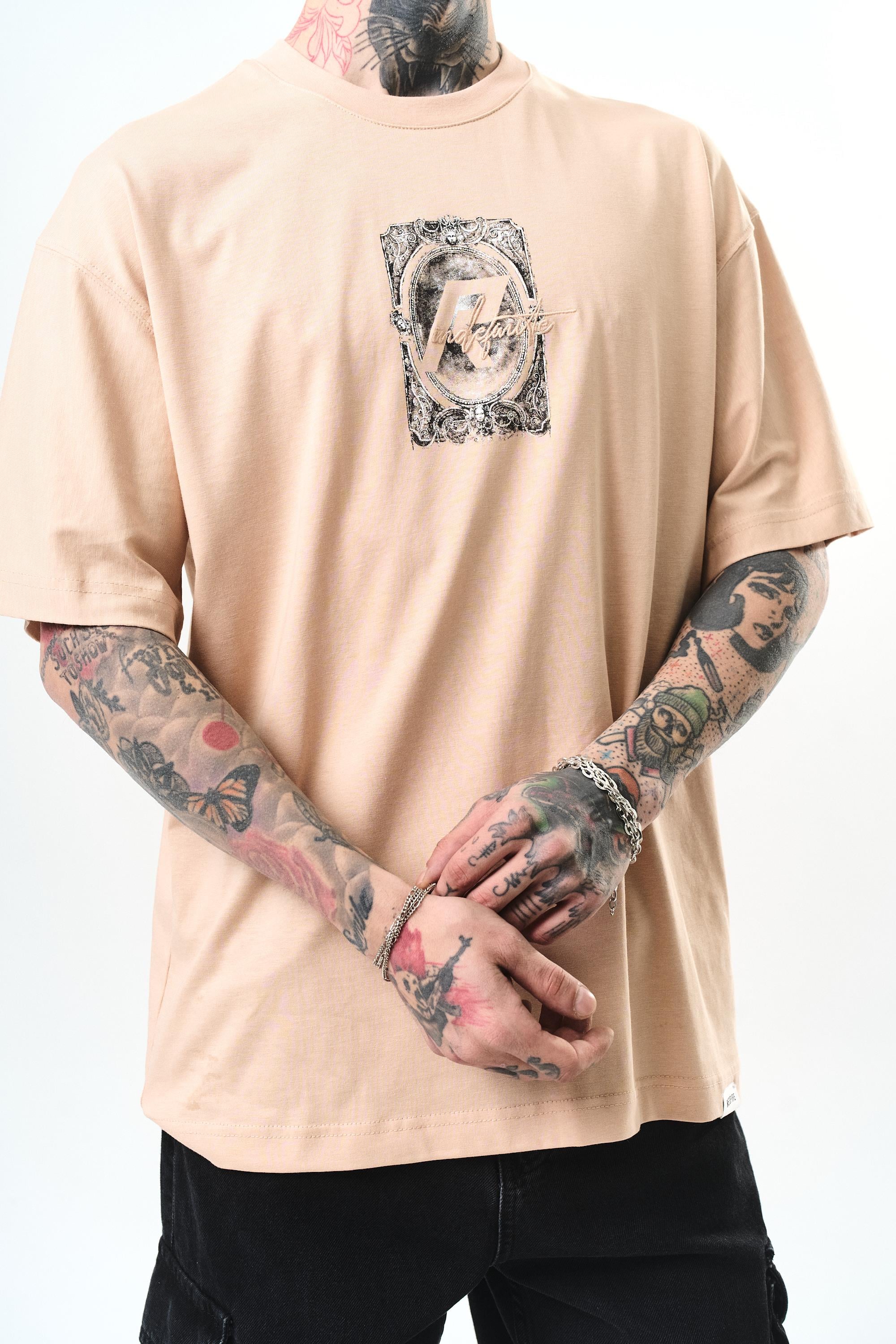 Erkek Indefinite Baskılı Oversize T-Shirt Bej