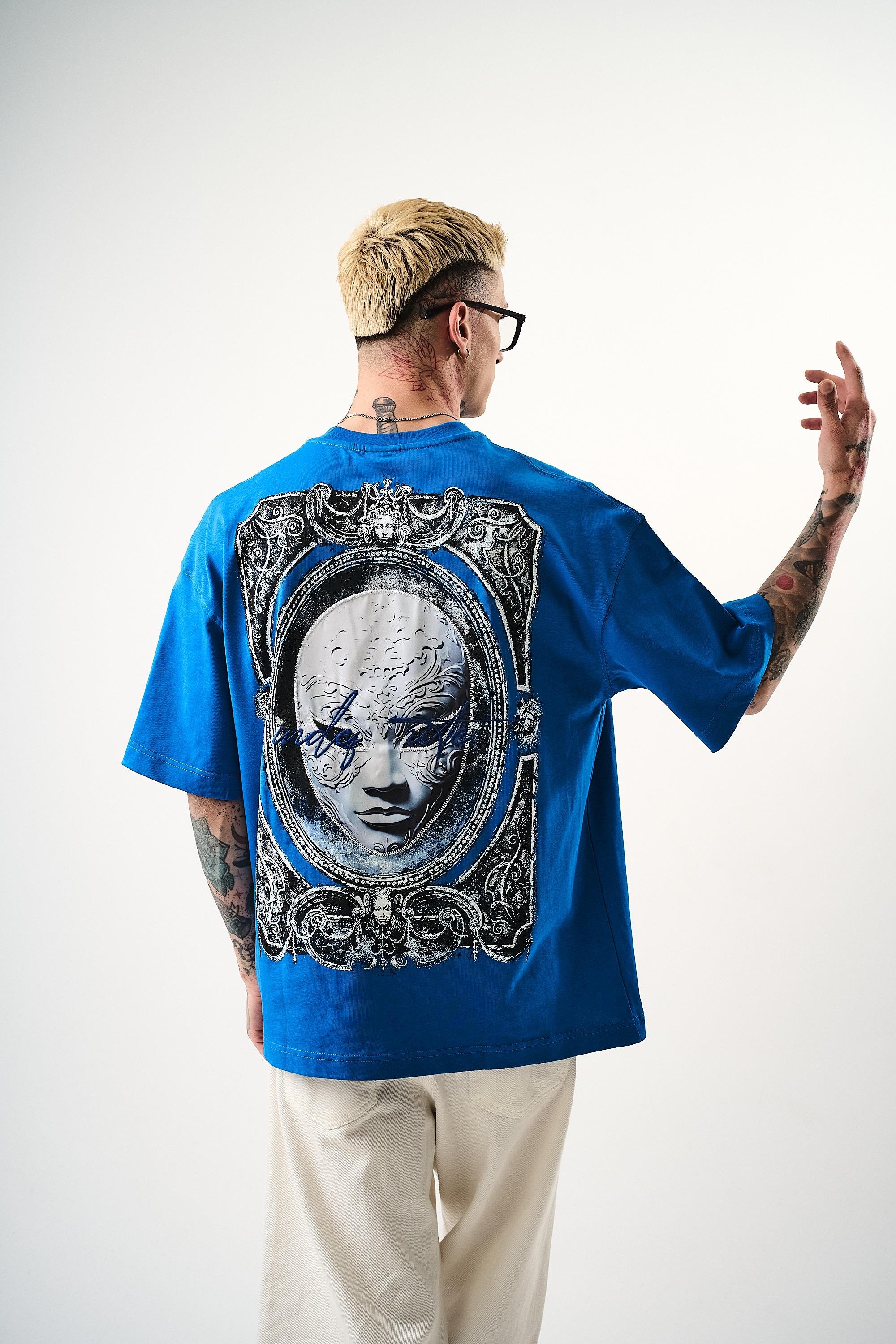 Erkek Indefinite Baskılı Oversize T-Shirt Mavi