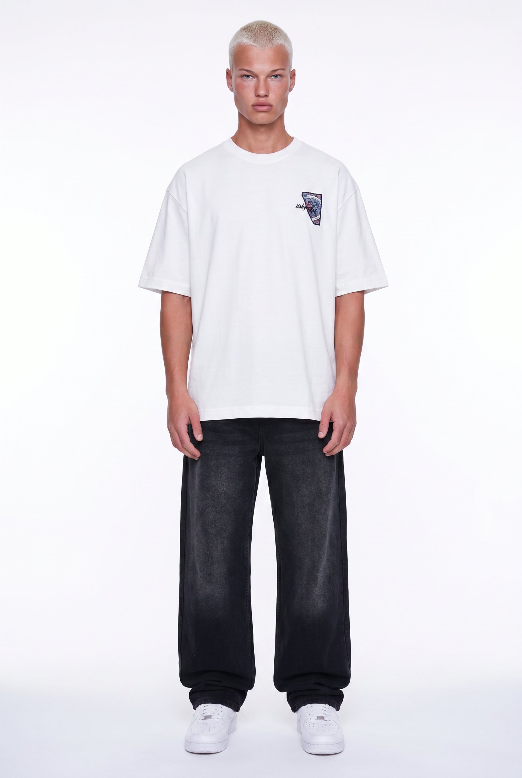 Erkek Itsbyzey Nakış Detaylı Oversize T-Shirt Ekru