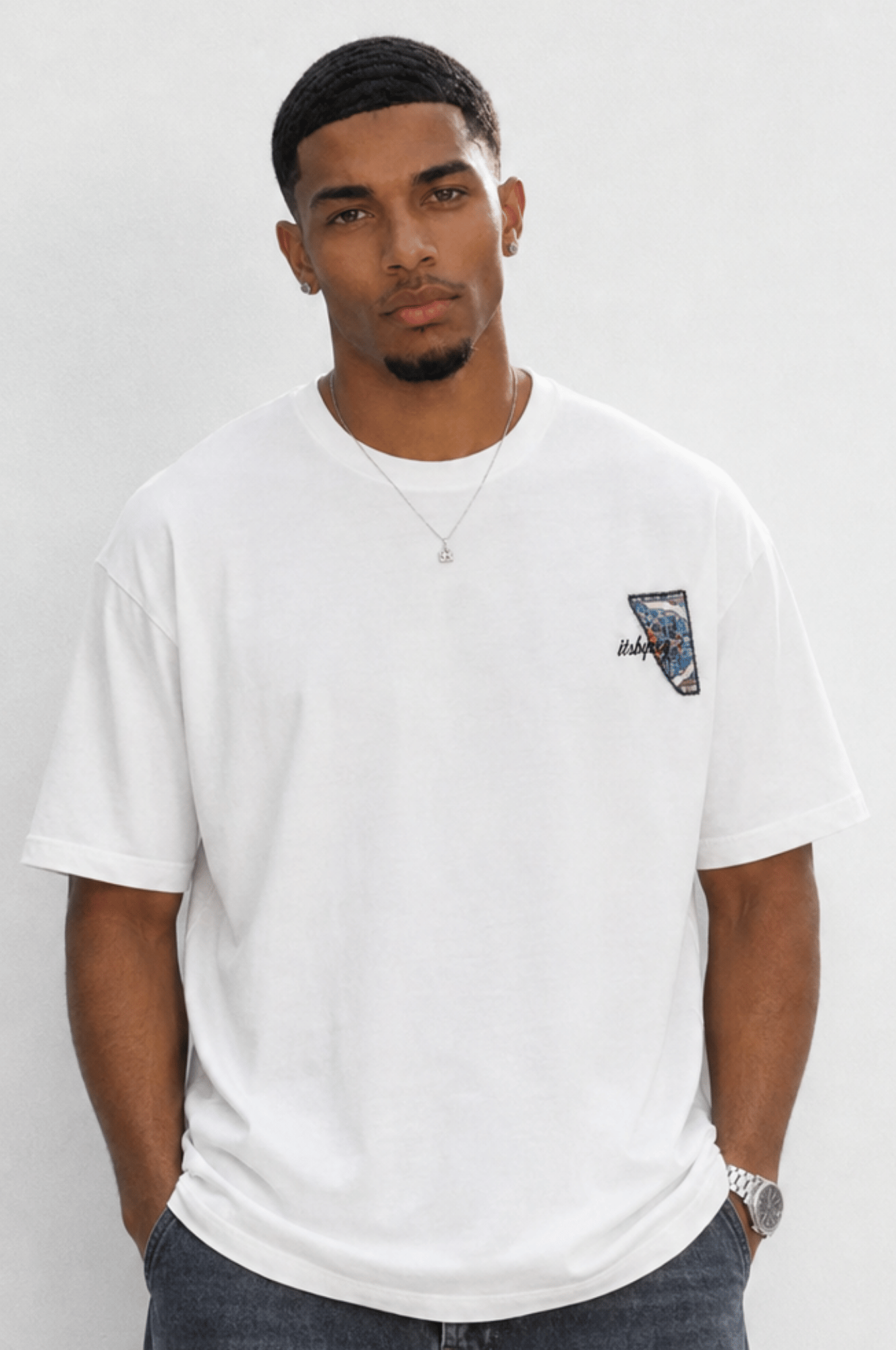 Erkek Itsbyzey Nakış Detaylı Oversize T-Shirt Ekru