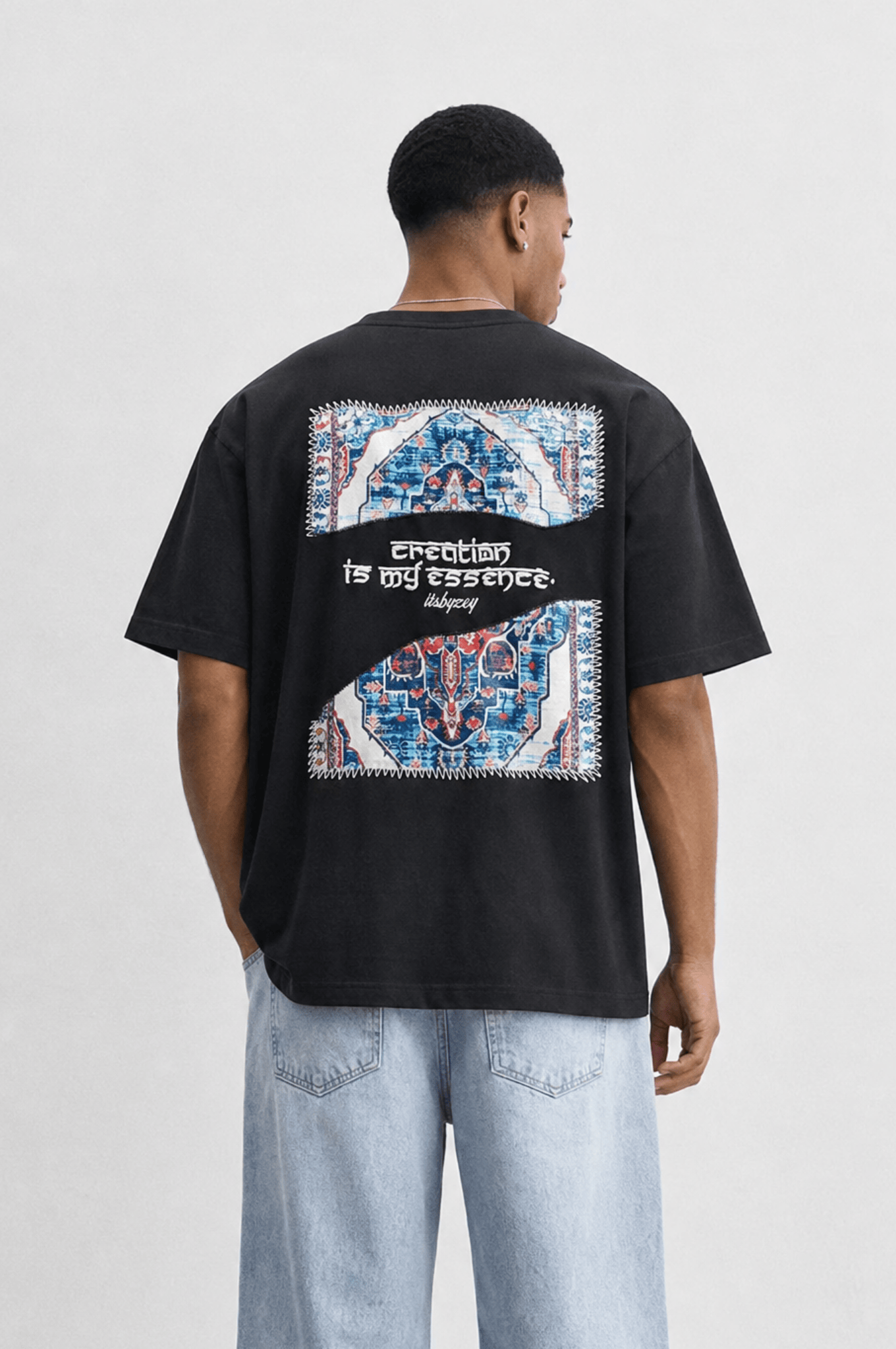Erkek Itsbyzey Nakış Detaylı Oversize T-Shirt Siyah