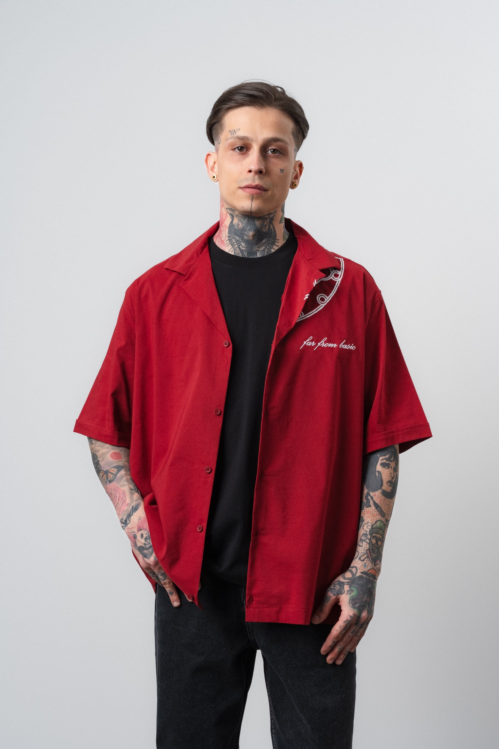 Erkek Itsbyzey Nakışlı Oversize Gömlek Bordo