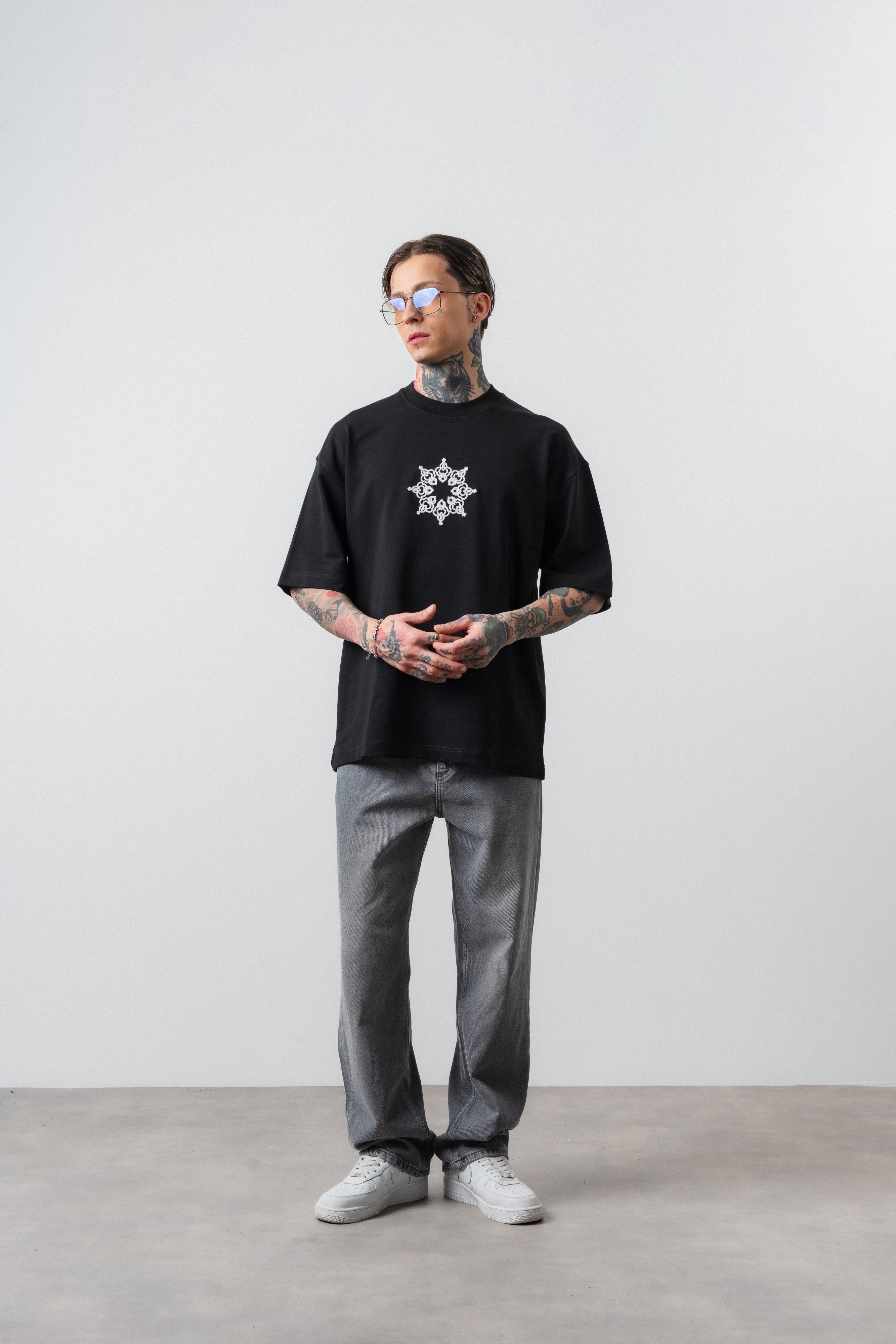 Erkek Itsbyzey Nakışlı Oversize T-Shirt Siyah