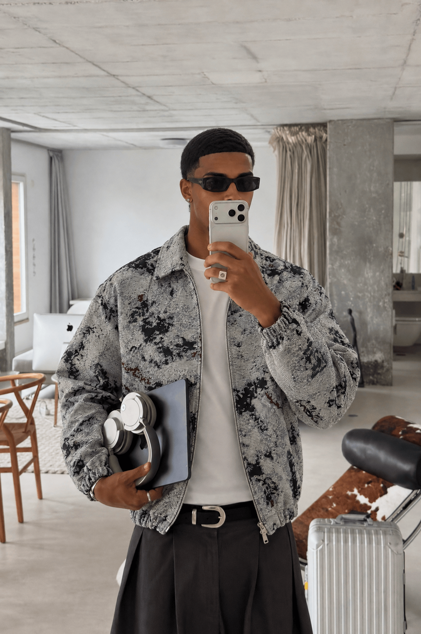 Erkek Jakarlı Oversize Bomber Ceket Gri