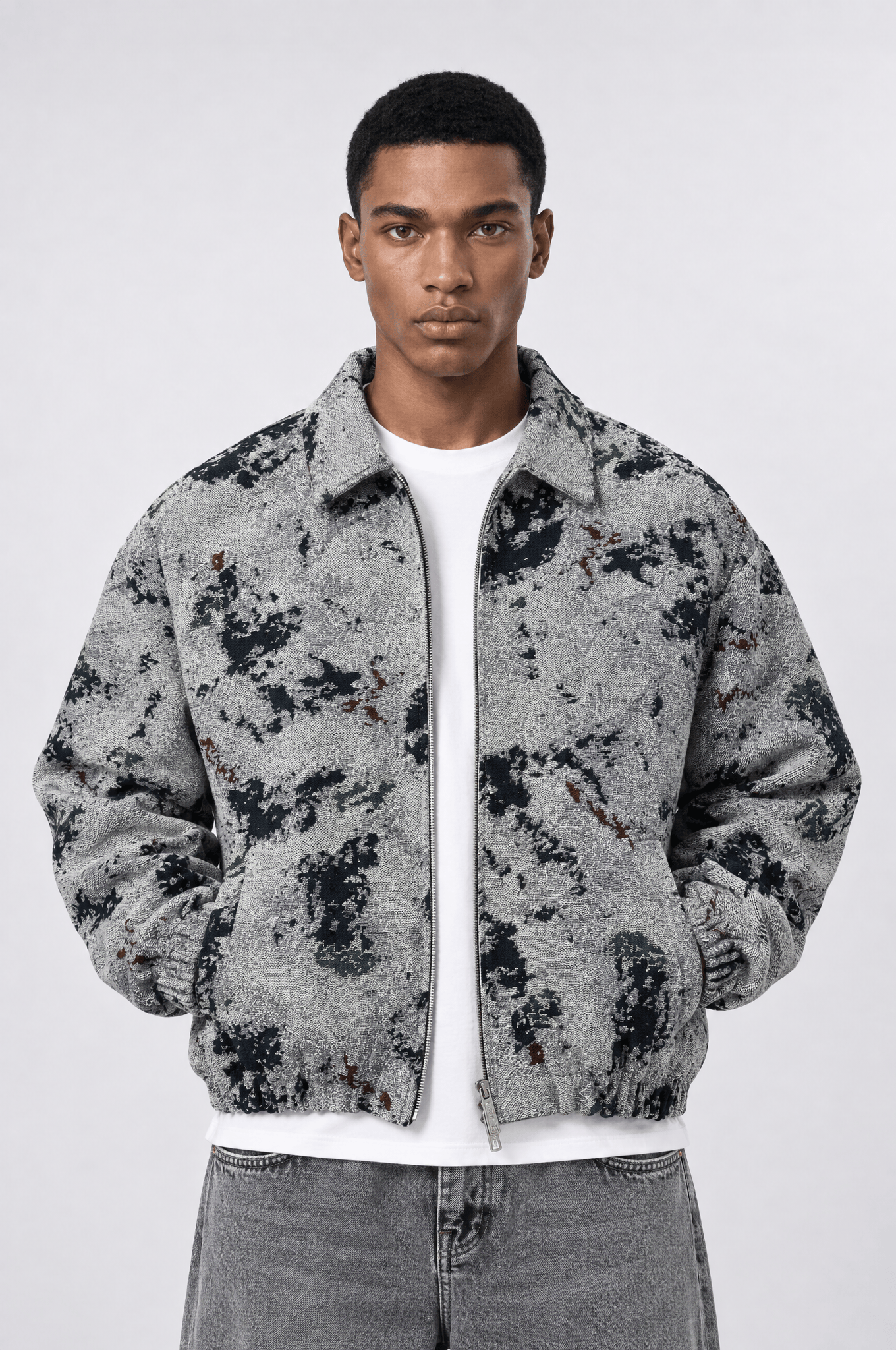 Erkek Jakarlı Oversize Bomber Ceket Gri