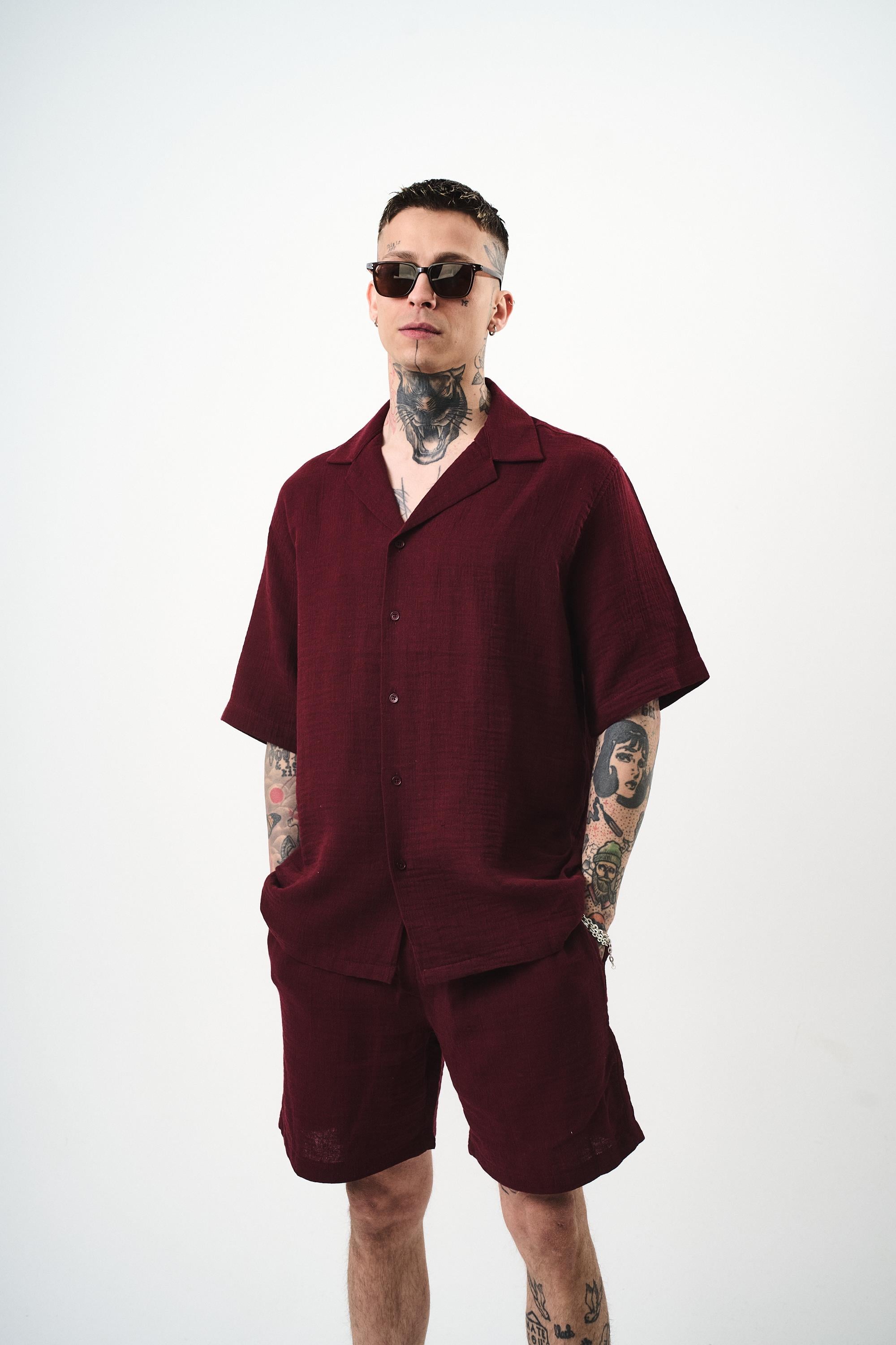 Erkek Kısa Kol Oversize Müslin Gömlek Bordo
