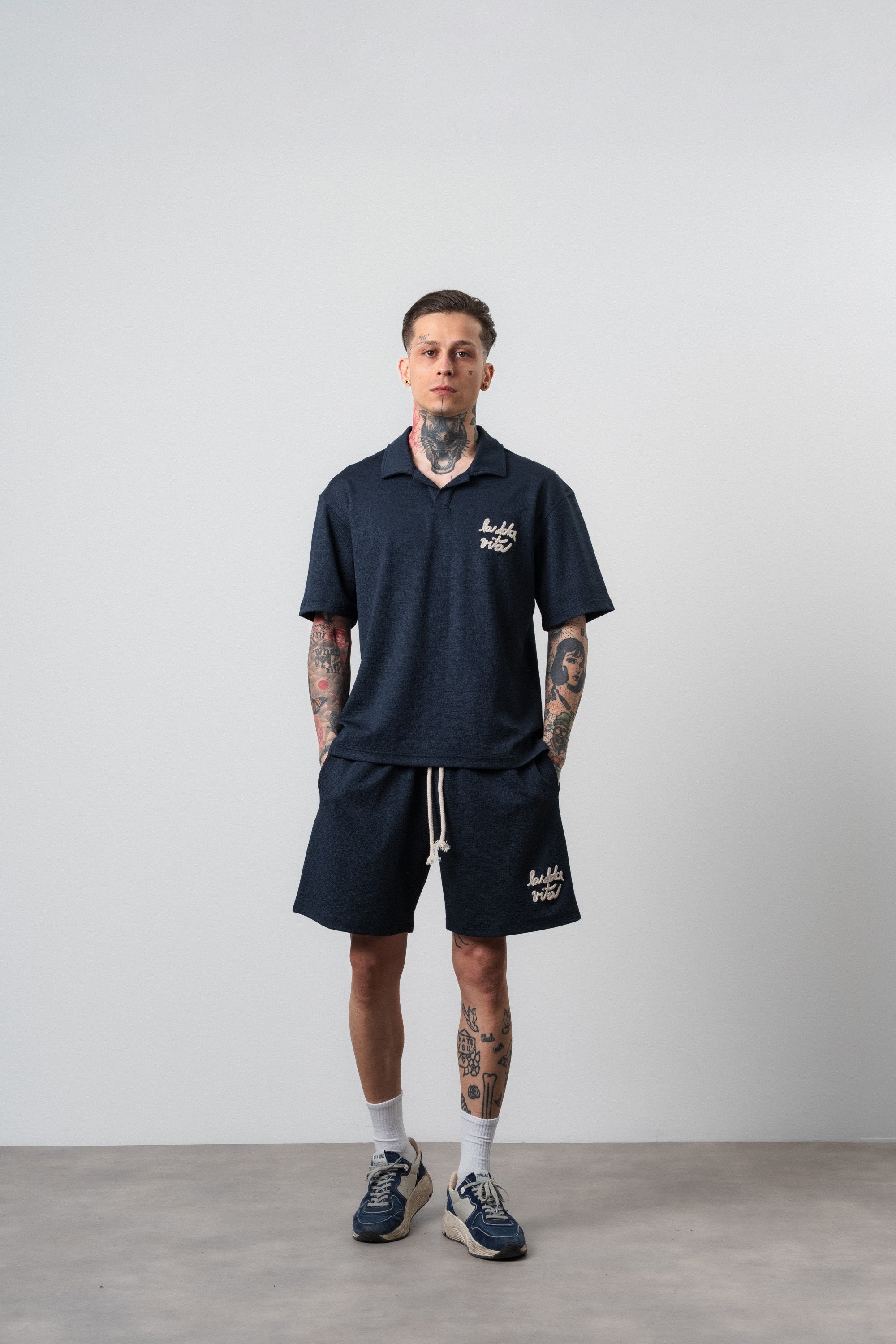 Erkek La Dolce Vita Yazılı Regular Fit T-Shirt Şort Takım Lacivert